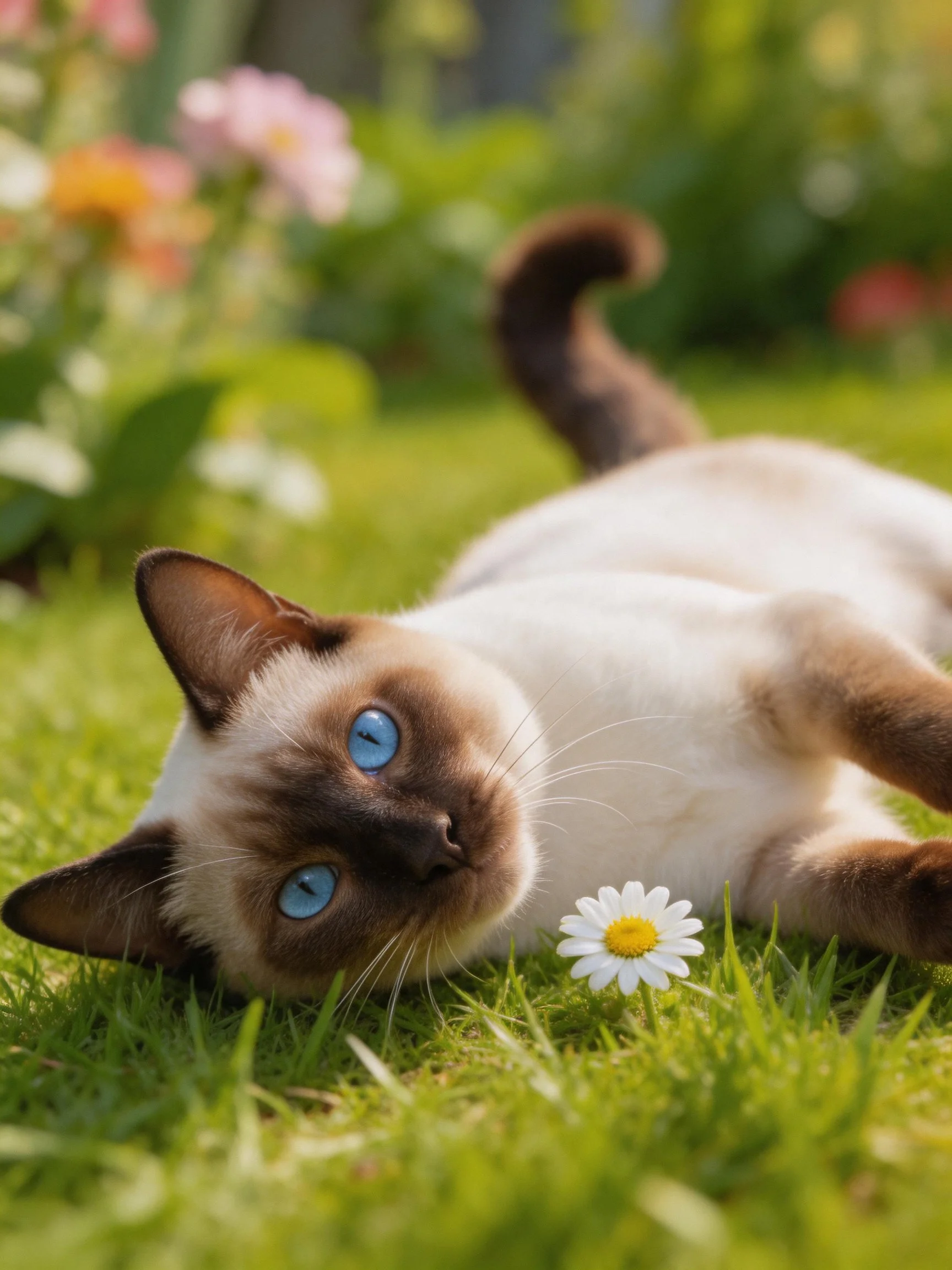 A blue-eyed Siamese cat rests on grass near a daisy with flowers in the background