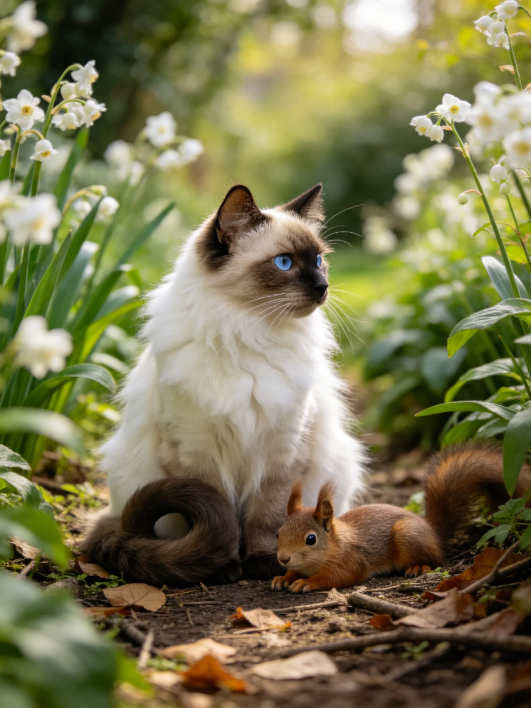 A blue-eyed Siamese cat sits beside a squirrel amid white flowers