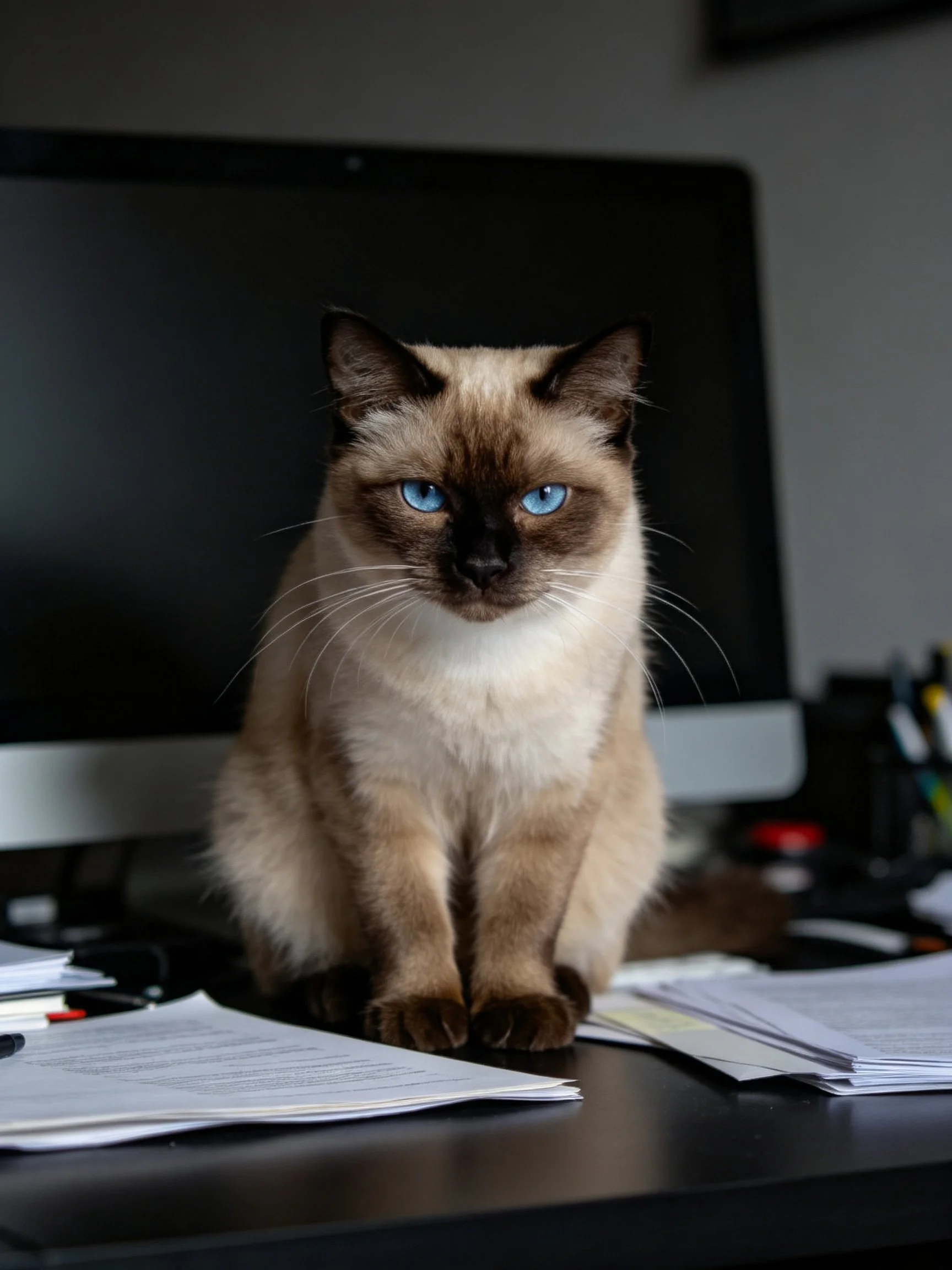 A blue-eyed Siamese cat sits on a cluttered office desk near a large black monitor.