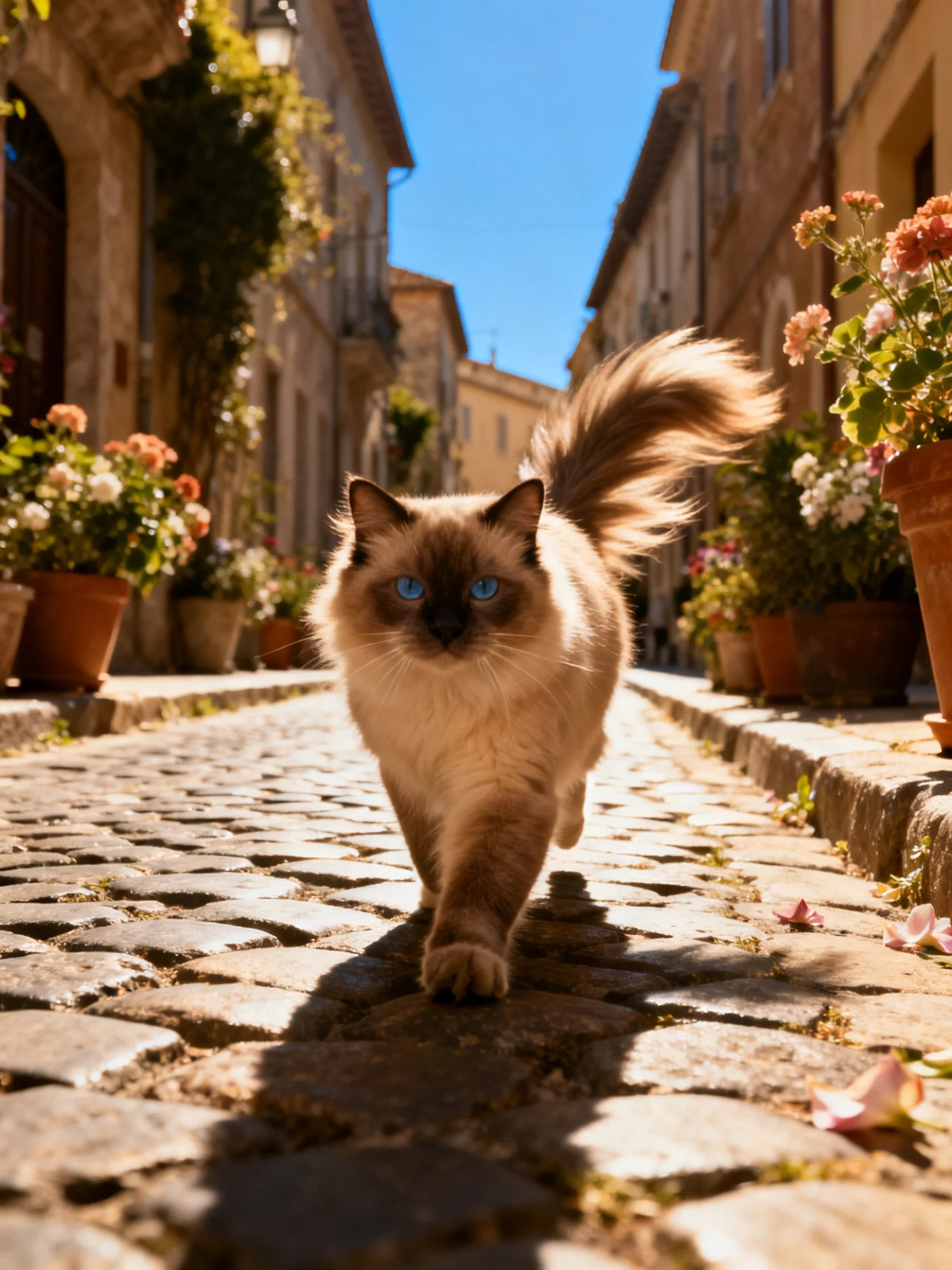 A blue-eyed Siamese cat walks down a flower-lined cobblestone street