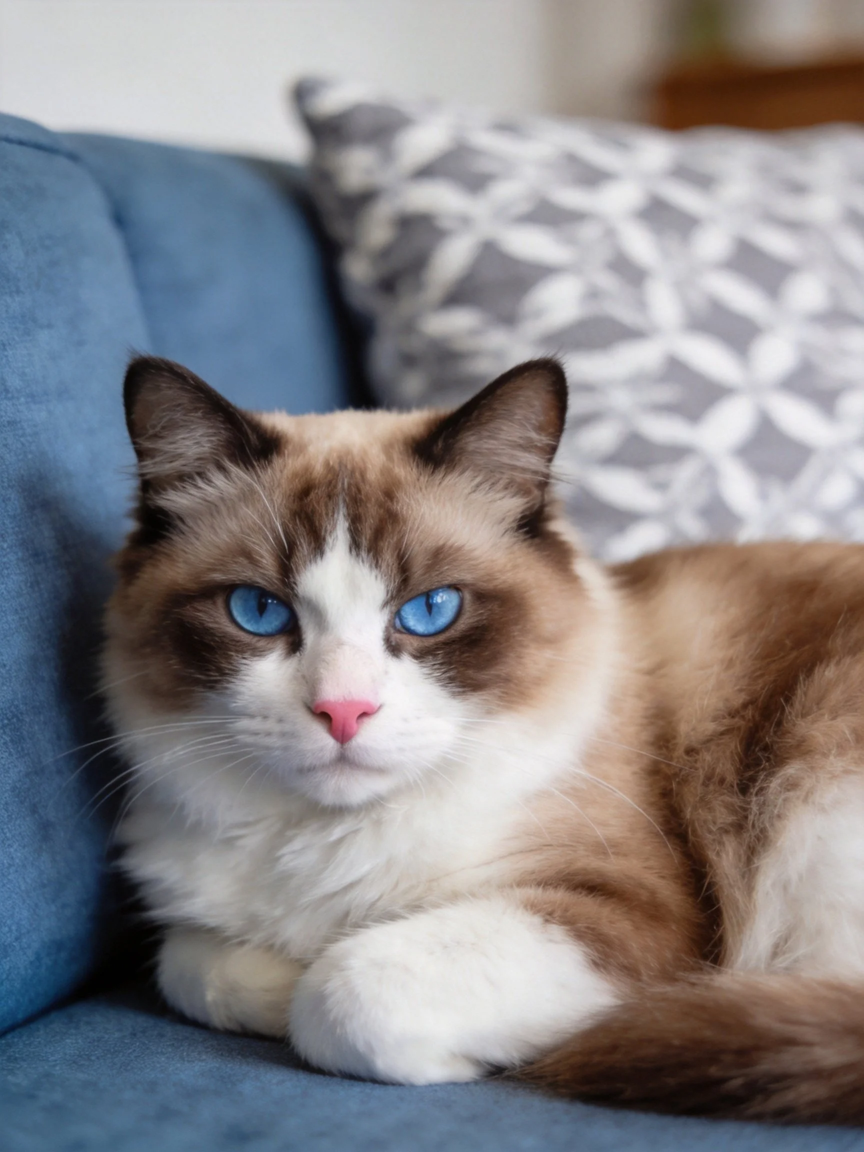A blue-eyed brown-and-white cat lounges on a blue sofa beside a patterned pillow