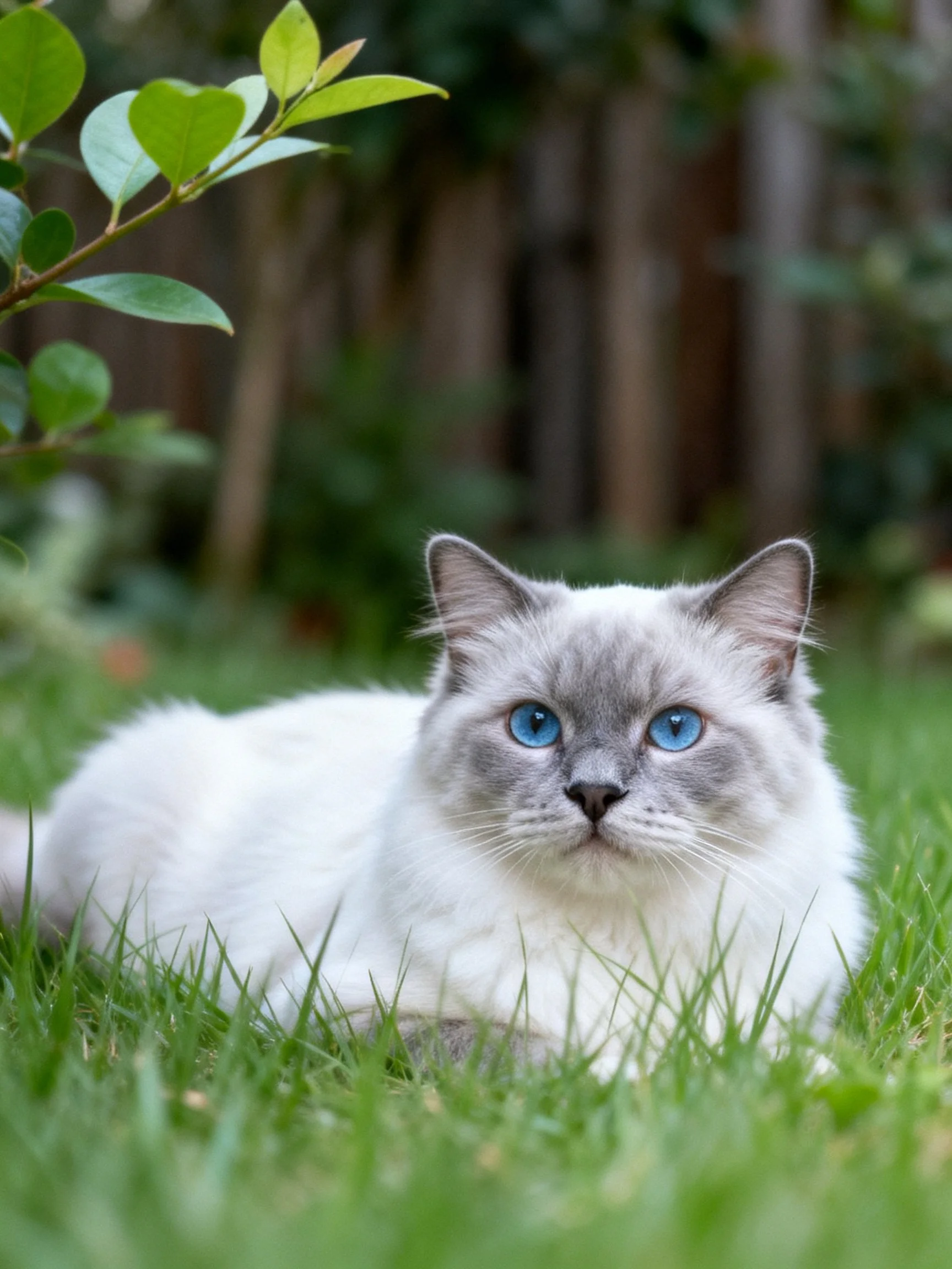 A blue-eyed cat lounges on lush green grass