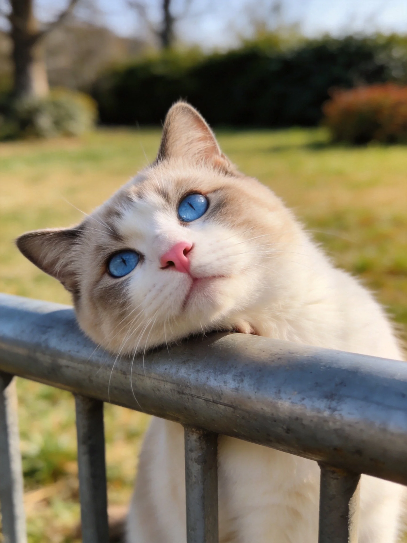 A blue-eyed cat rests on a metal railing in a sunlit outdoor area.