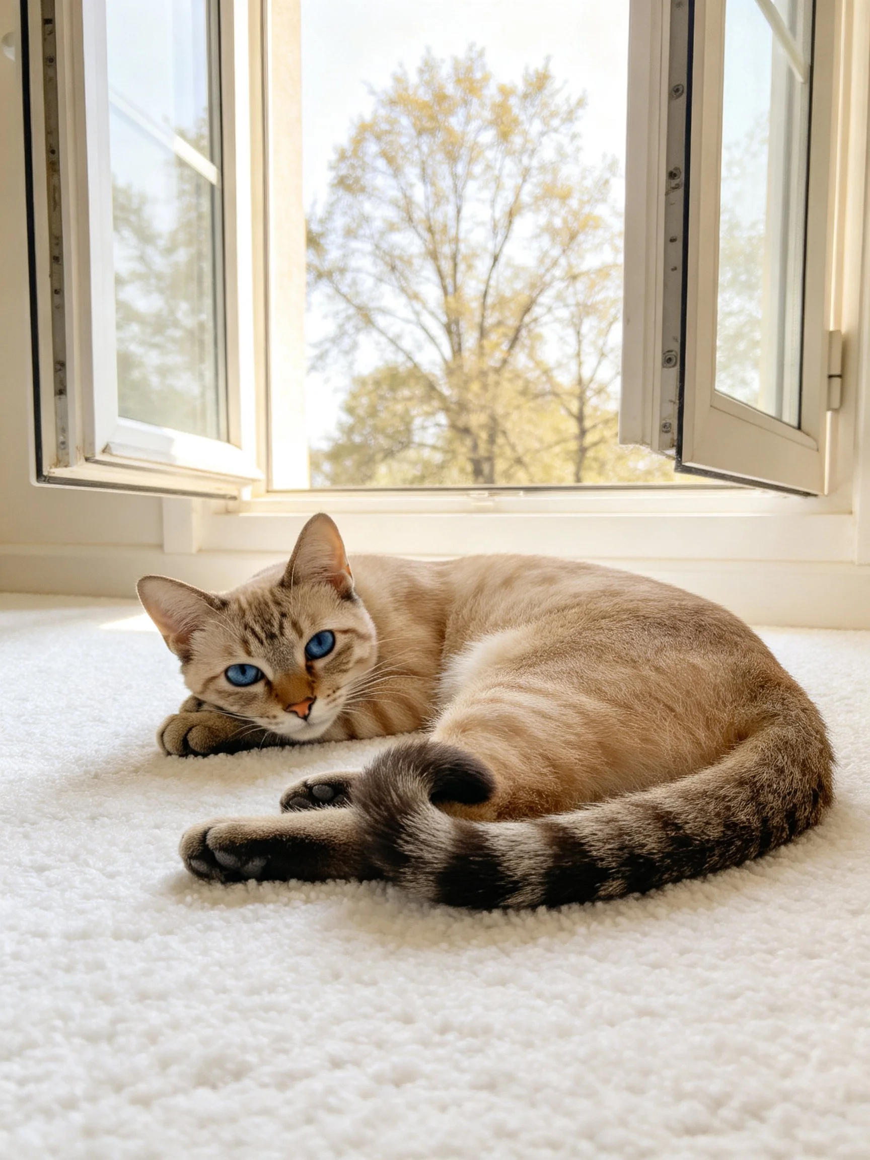 A blue-eyed cat rests on a plush carpet by an open window
