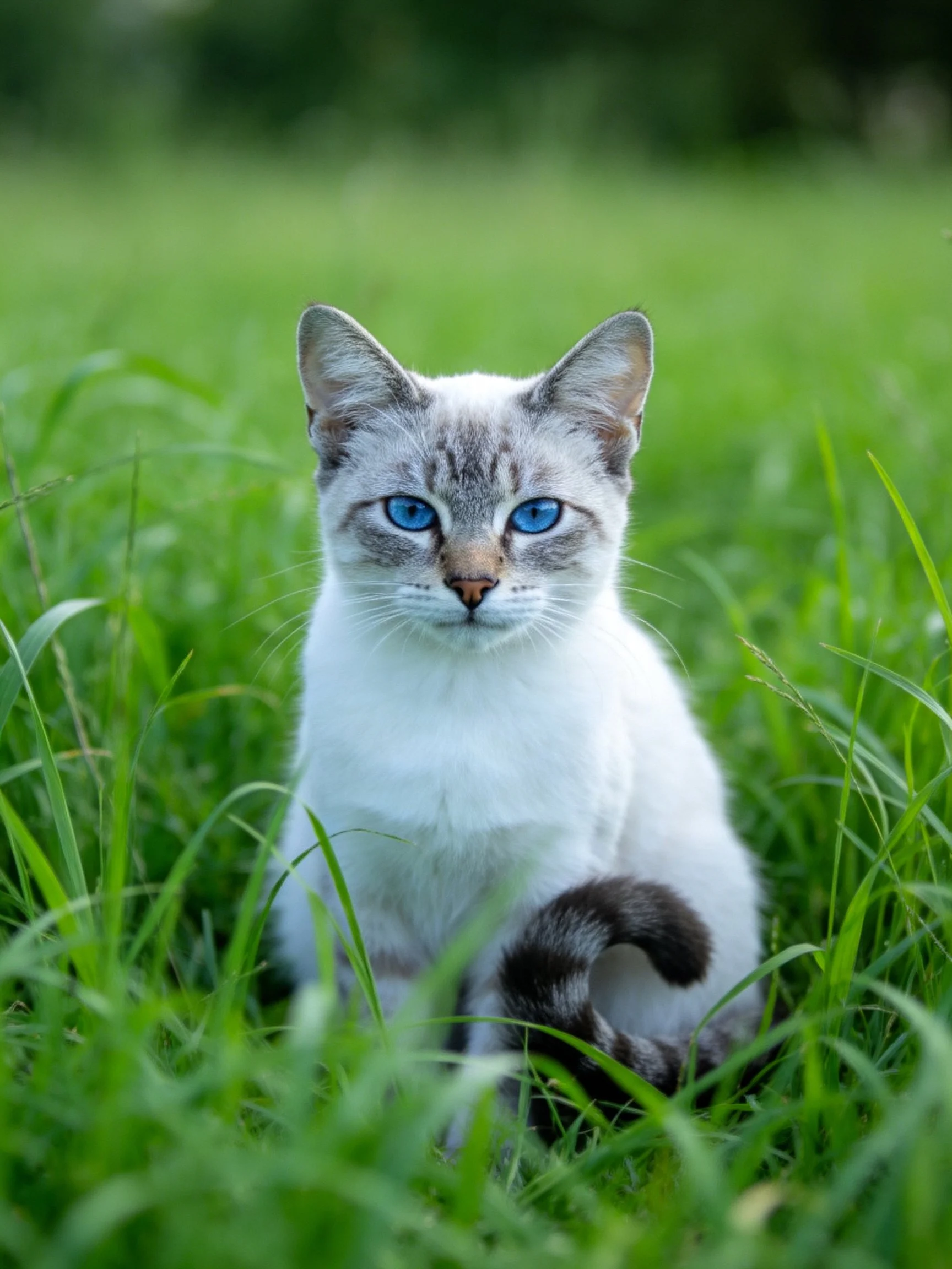 A blue-eyed cat sits among tall green grass