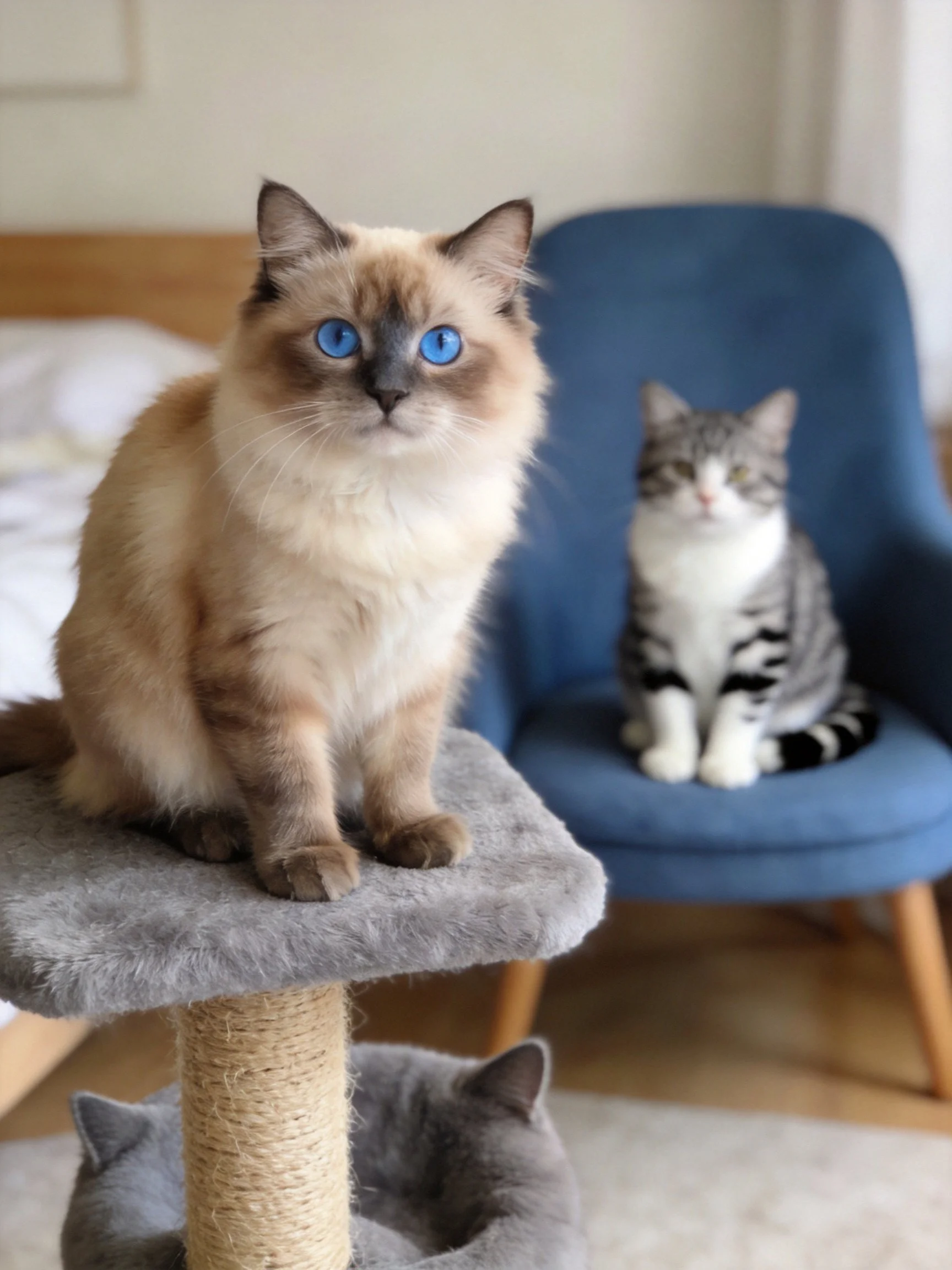 A blue-eyed cat sits on a scratching post with two other cats nearby