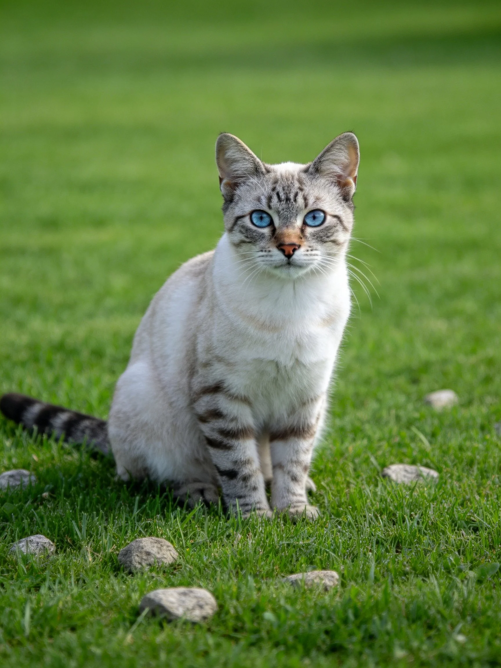 A blue-eyed cat sits on lush green grass near small stones
