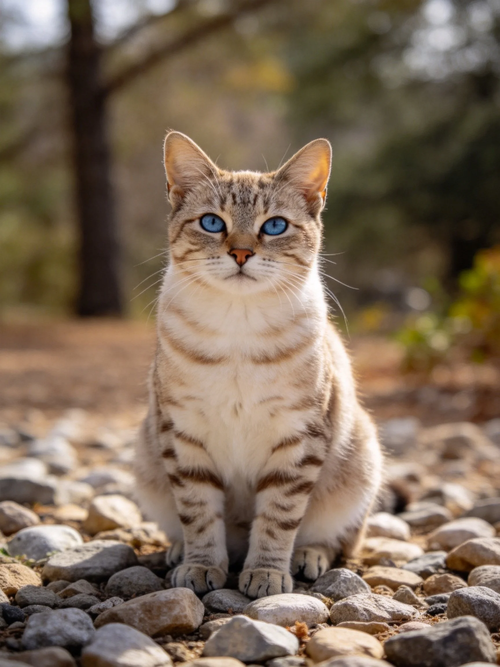 A blue-eyed tabby cat sits on a rocky outdoor terrain