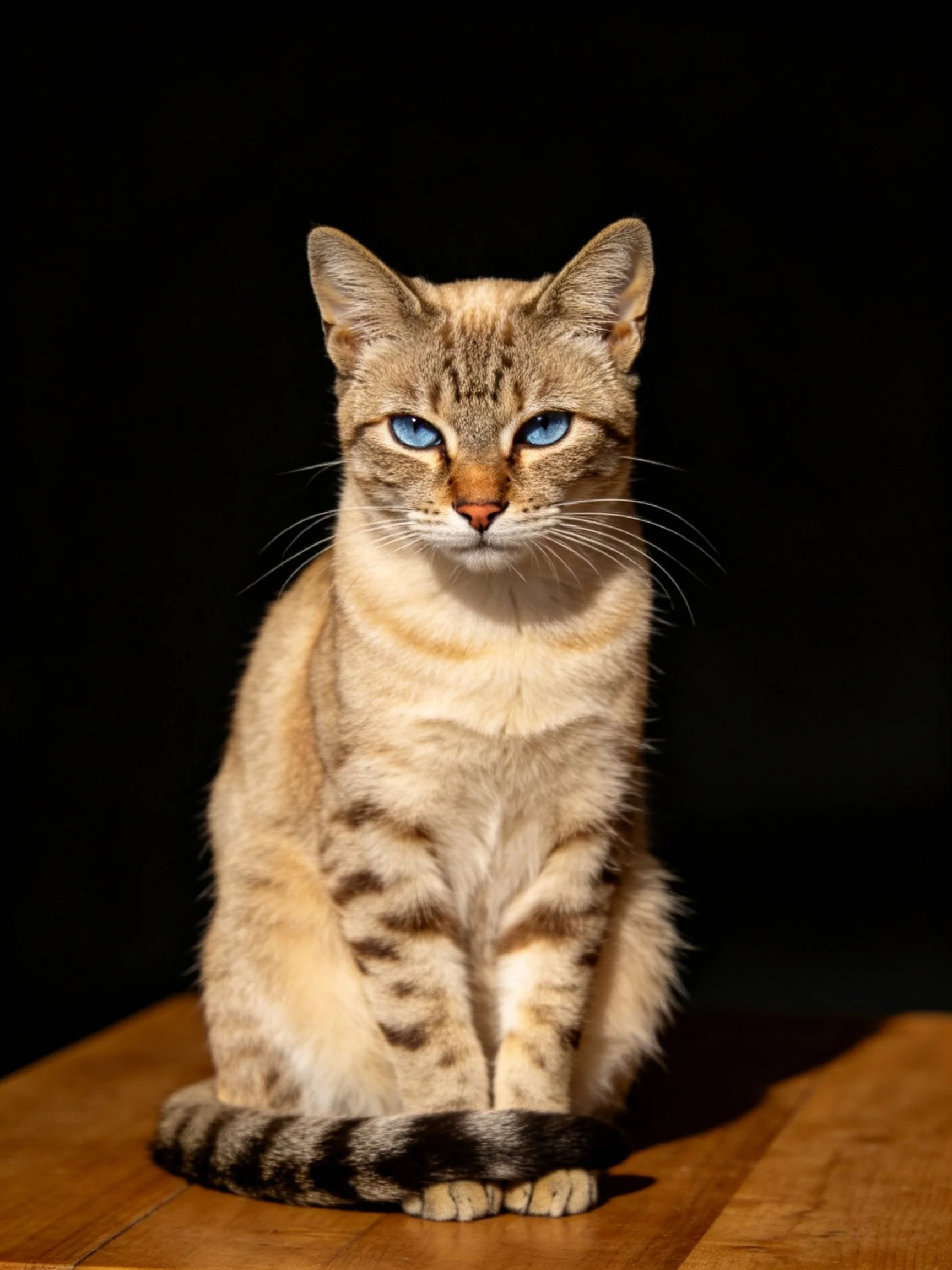 A blue-eyed tabby cat sits on a wooden surface with a dark backdrop
