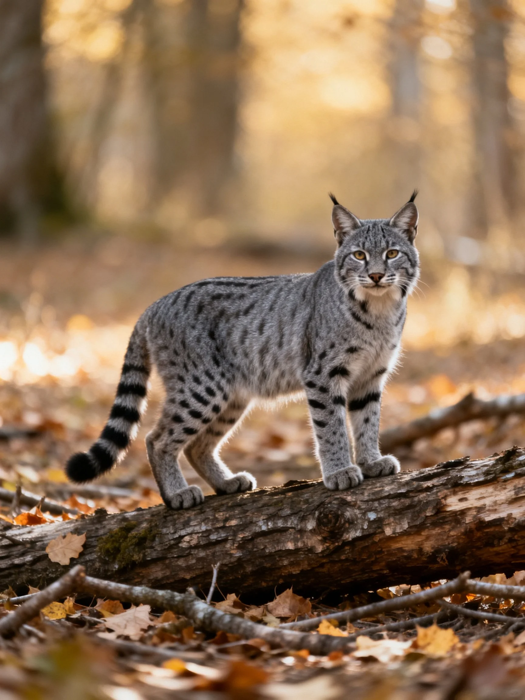 A bobcat stands on a fallen log amid autumn foliage