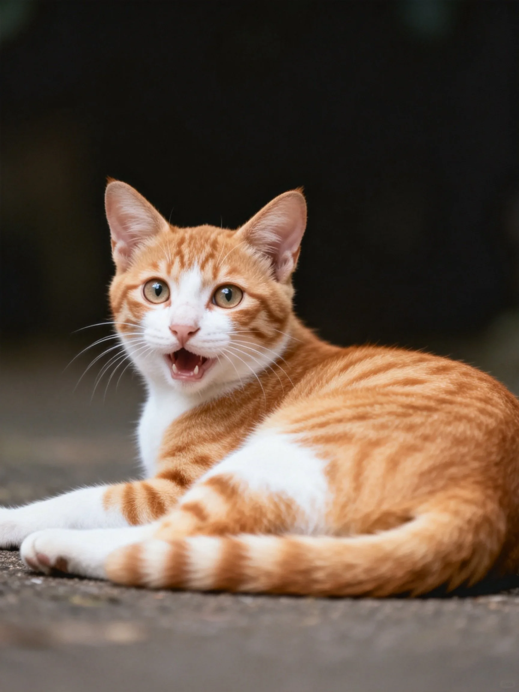A bright orange and white striped cat relaxes on a dark surface