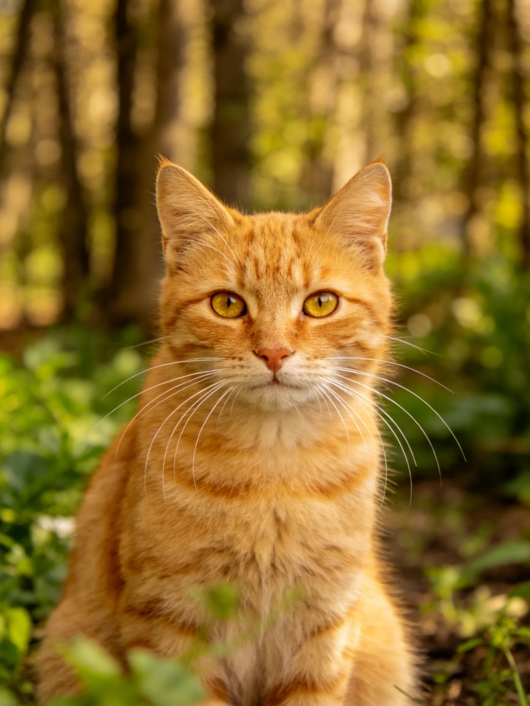 A bright orange tabby cat sits calmly in a sunlit, wooded area with greenery.