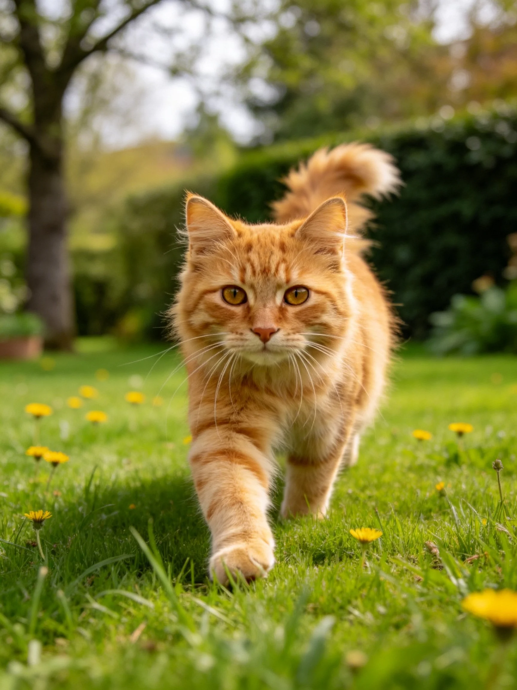 A bright orange tabby cat explores a flower-dotted green lawn