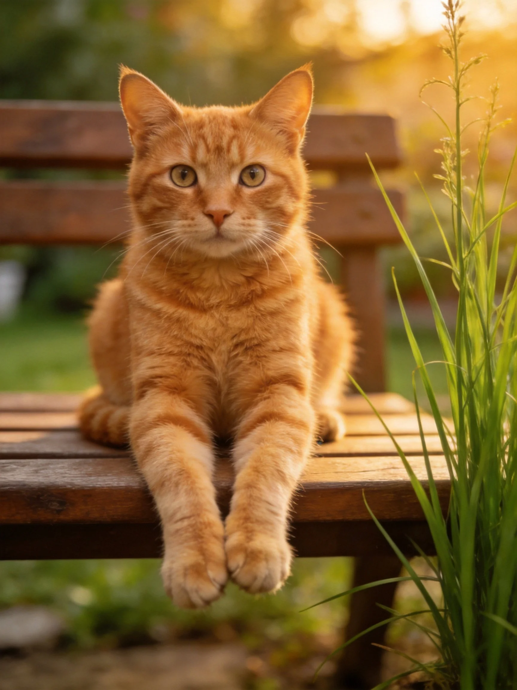 A bright orange tabby cat lounges on a wooden bench amid greenery