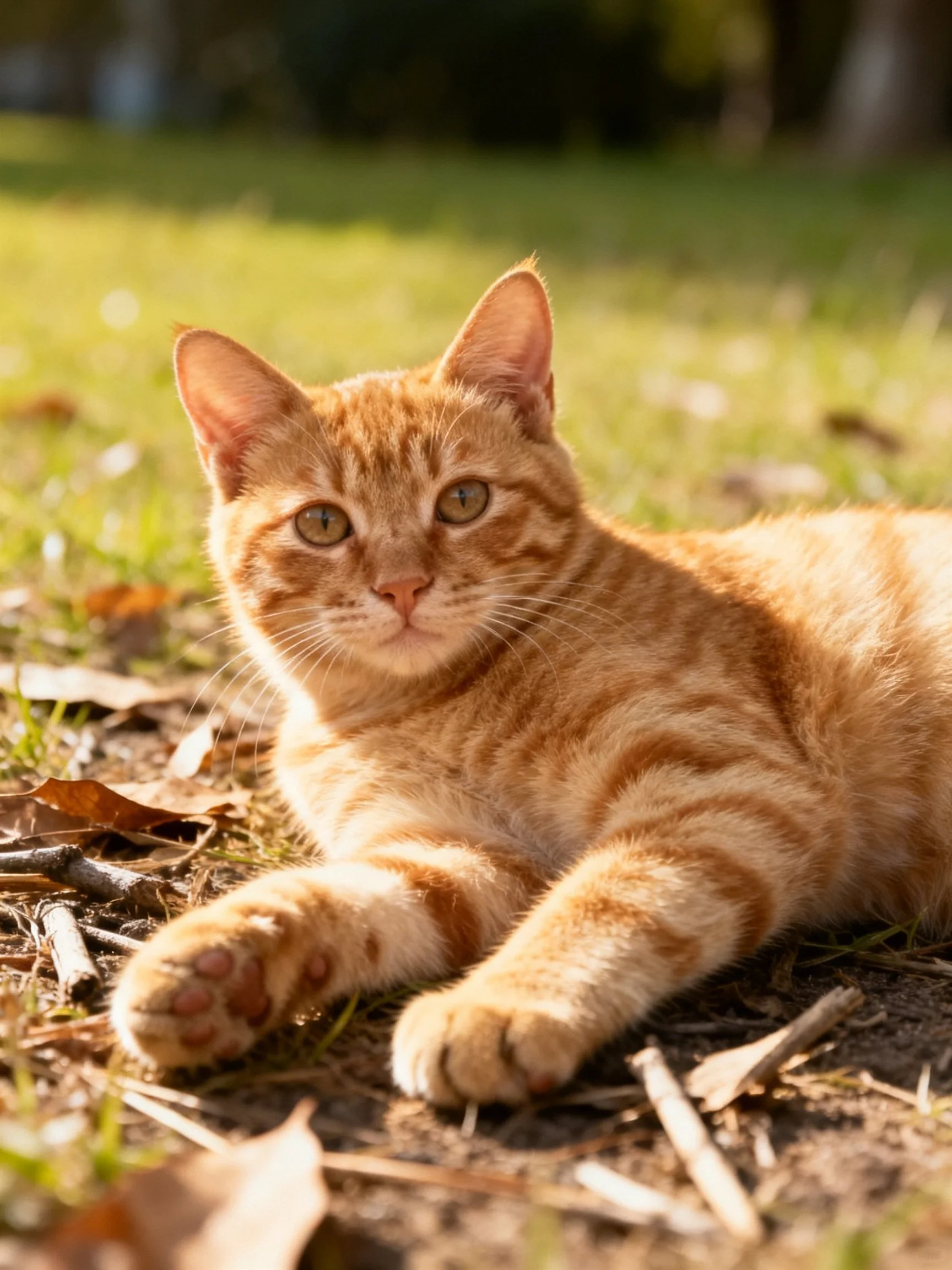 A bright orange tabby cat lounging on a leaf-covered ground in sunlight