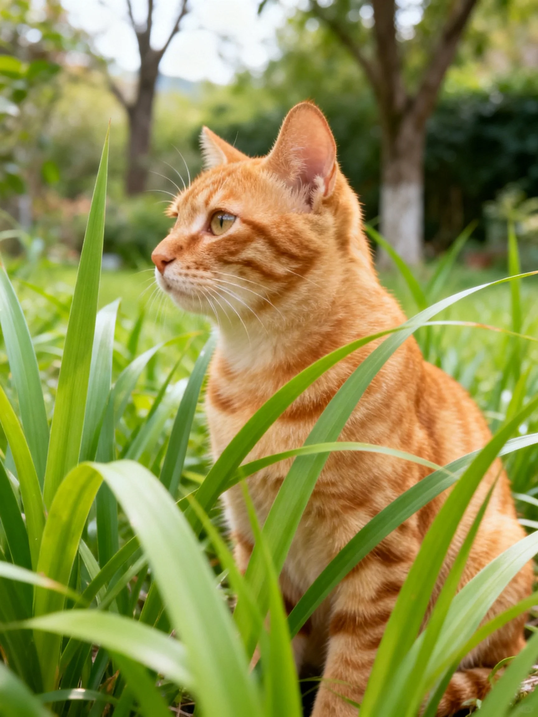 A bright orange tabby cat nestled in lush green grass
