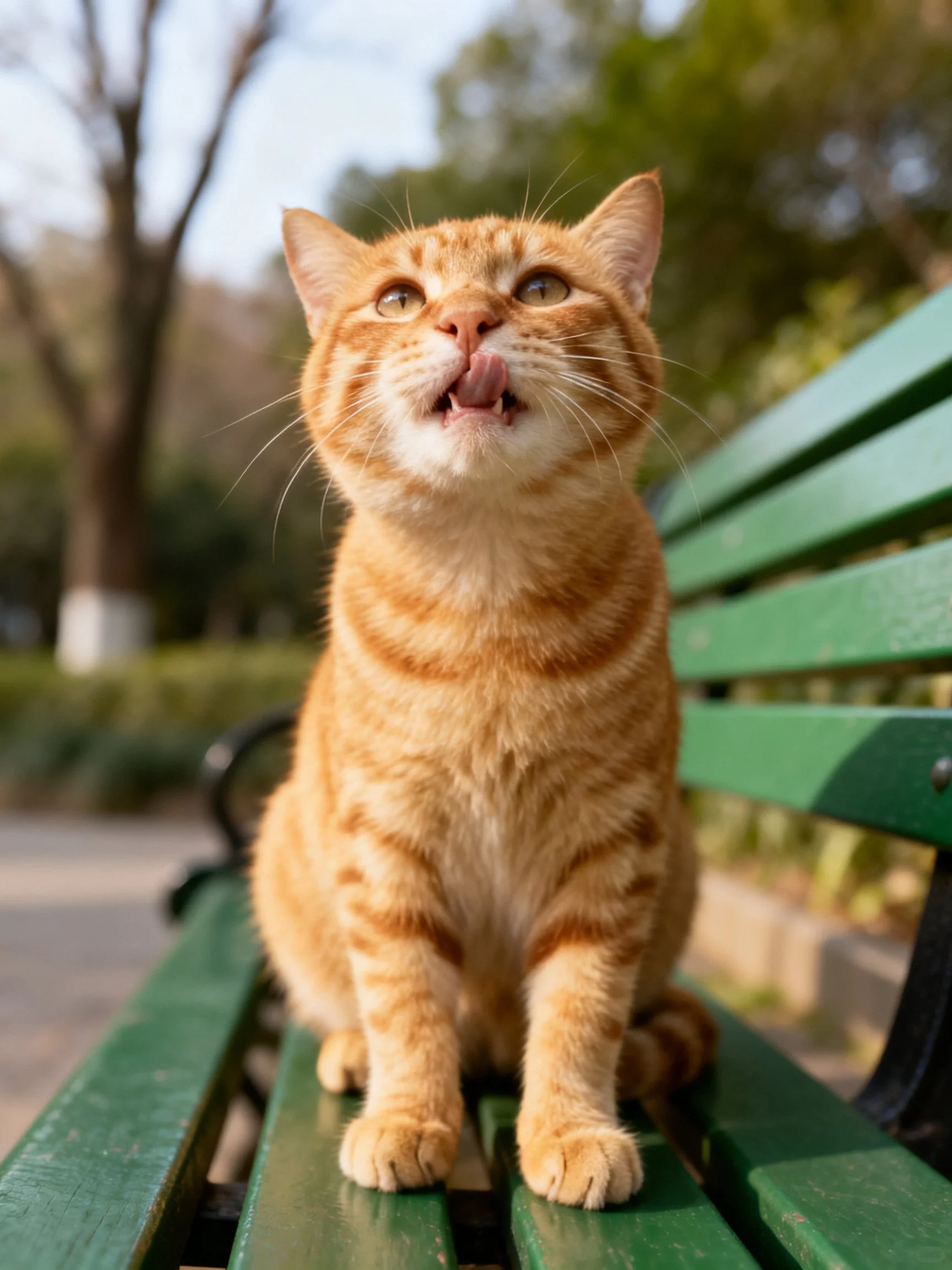 An orange tabby cat sits on a green park bench in a sunny outdoor setting.