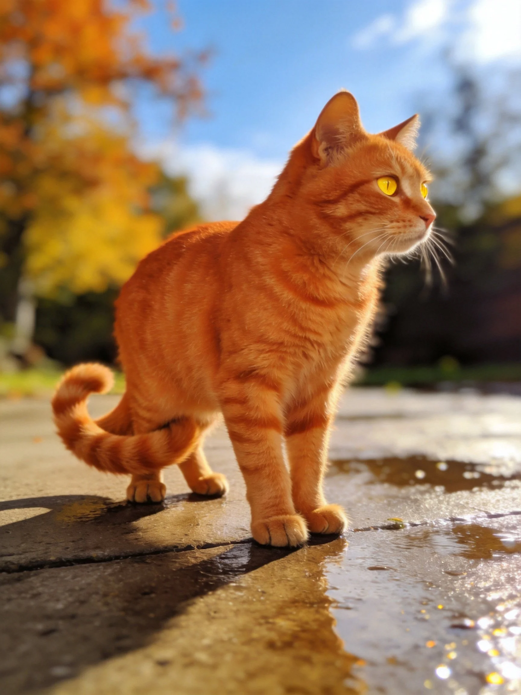 An orange tabby cat stands on wet pavement in a sunlit autumn setting.