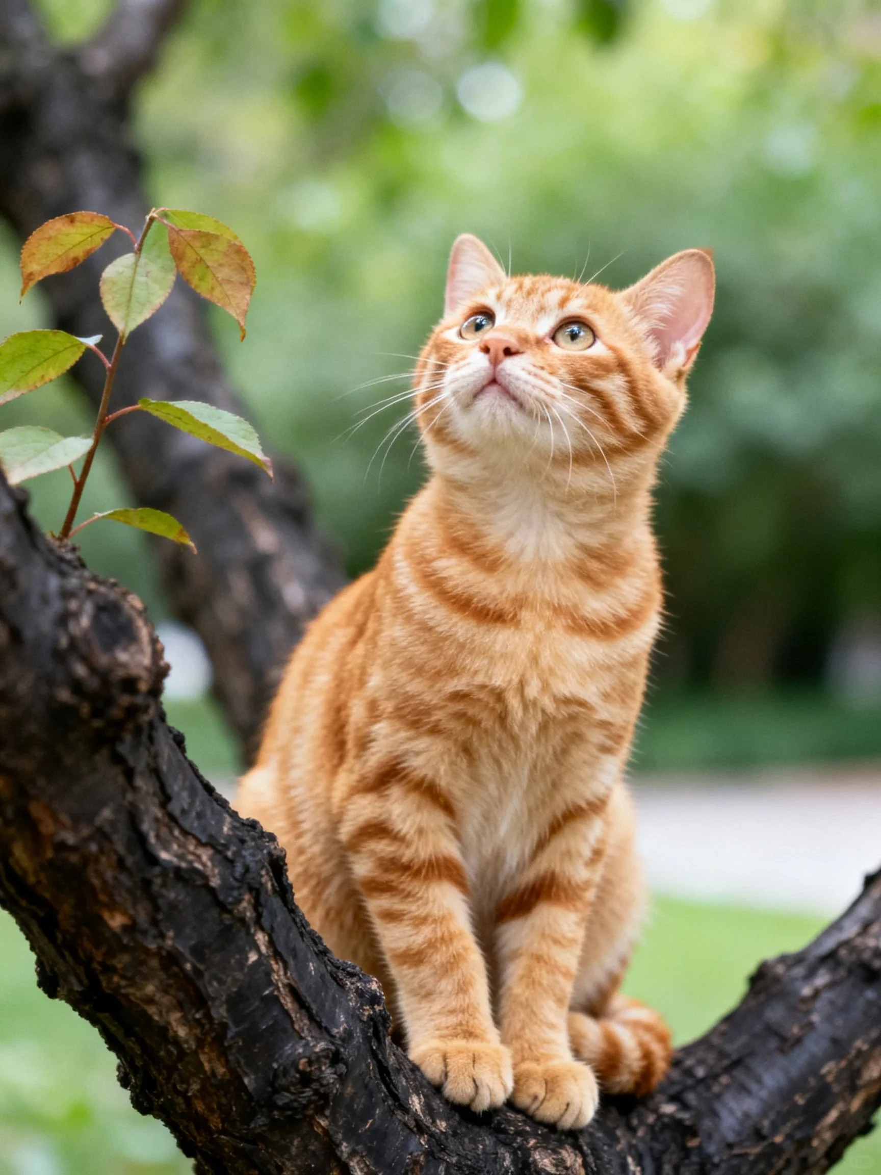 A bright orange tabby cat sits on a dark tree branch.