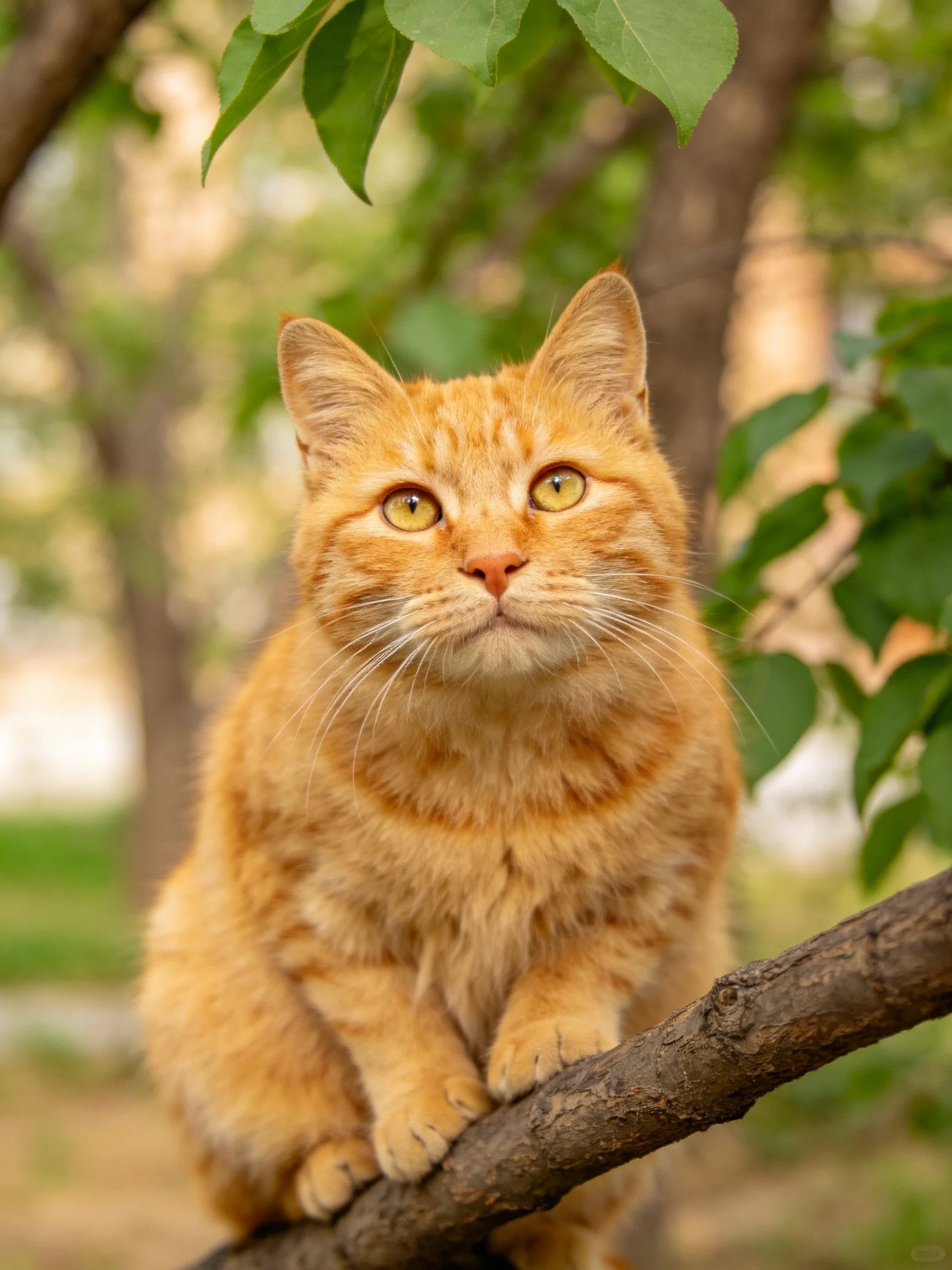 A bright orange tabby cat perched on a tree branch among green foliage