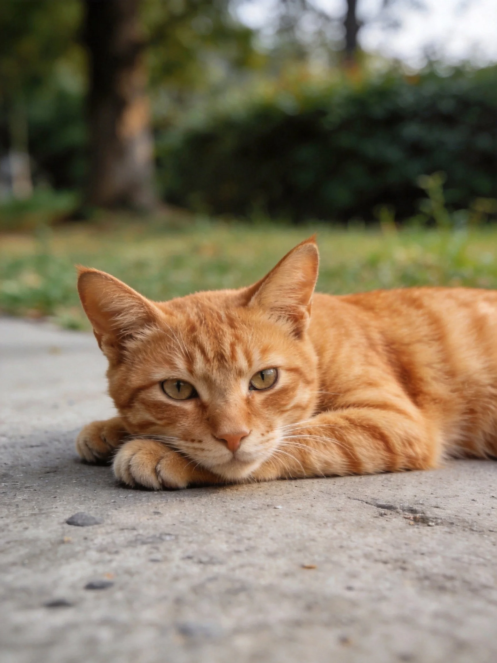 A bright orange tabby cat resting on concrete pavement near greenery
