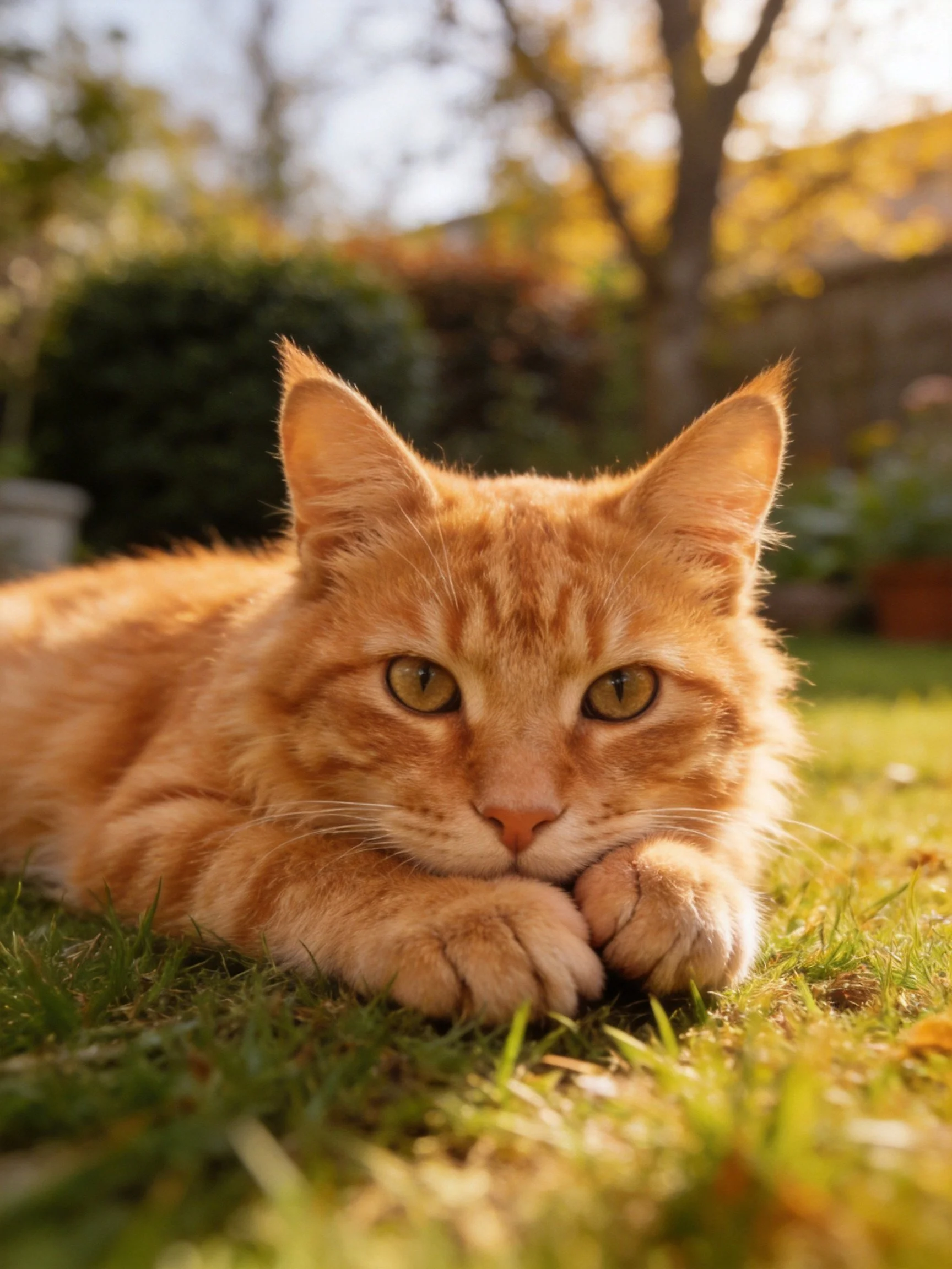 A bright orange tabby cat resting on lush green grass in a sunny garden.