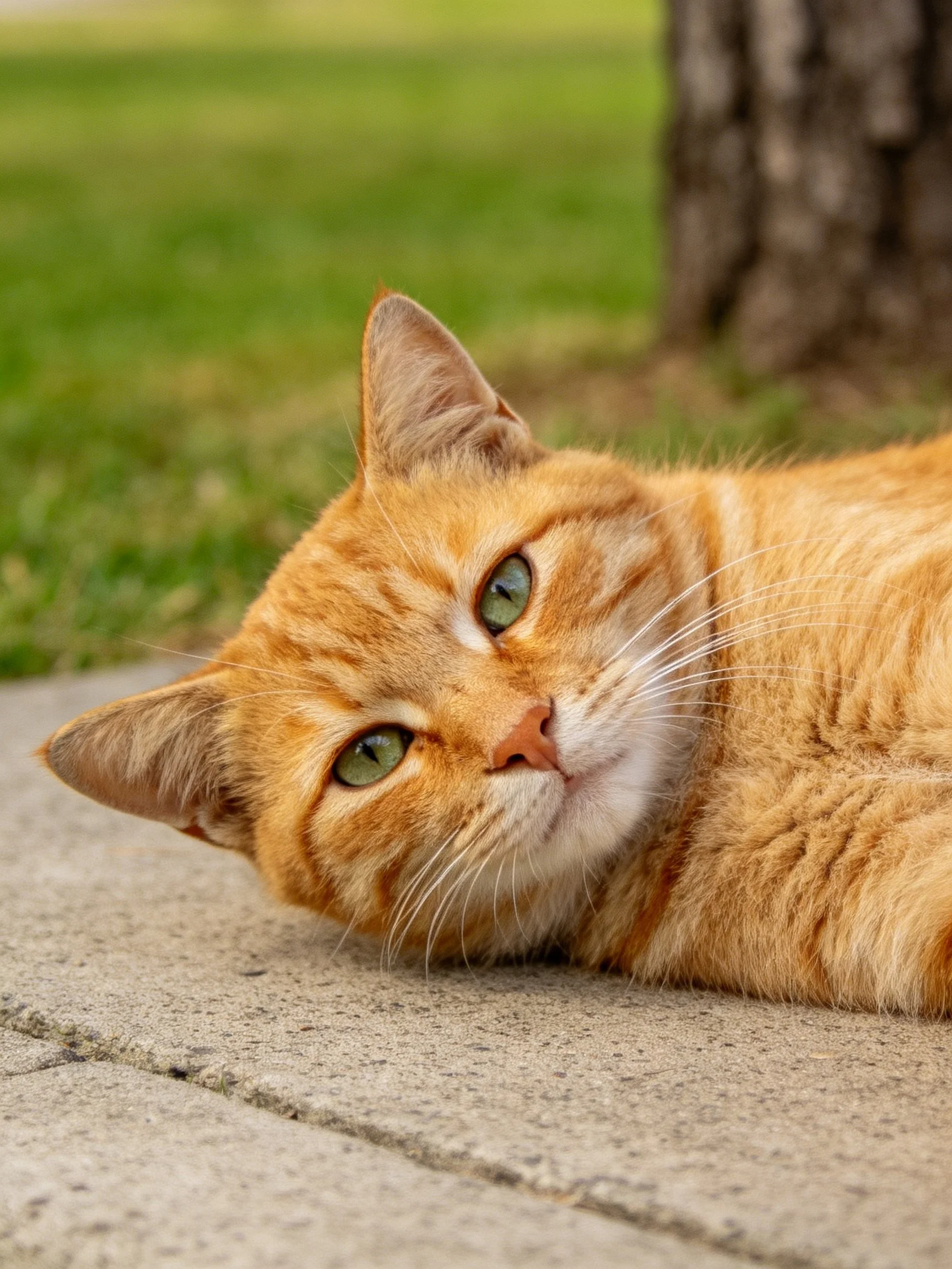 A bright orange tabby cat resting on pavement near grass and tree
