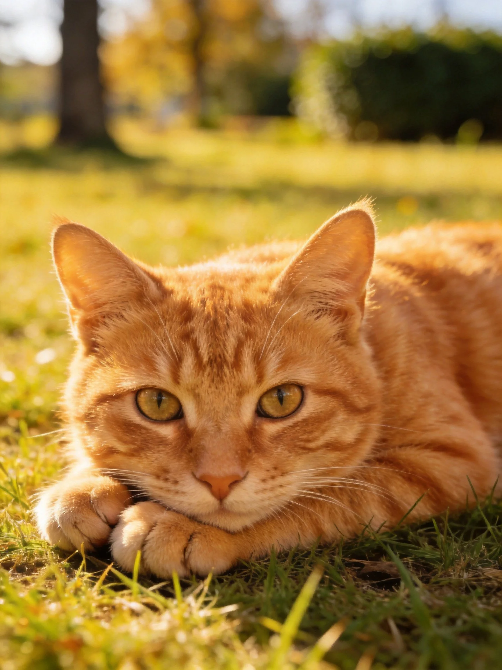 A bright orange tabby cat resting on sunlit grass