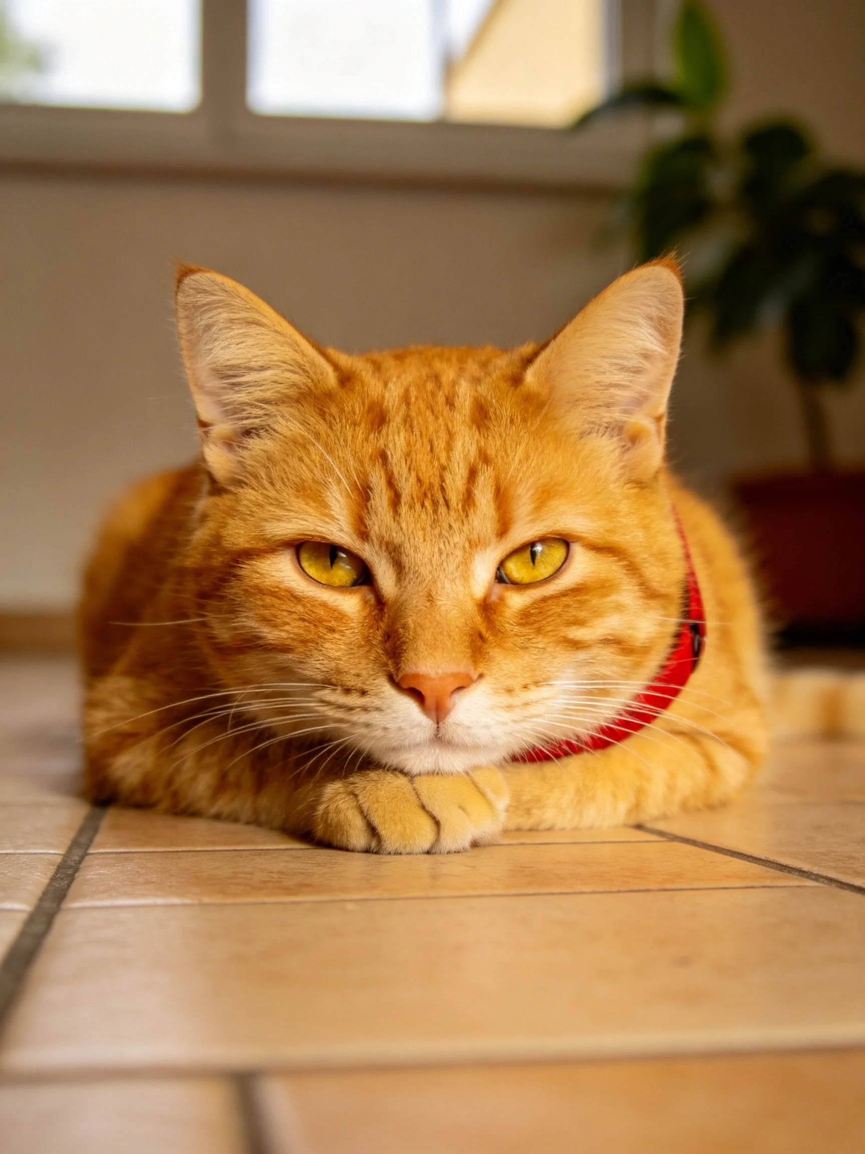An orange tabby cat relaxes on a tiled indoor floor.