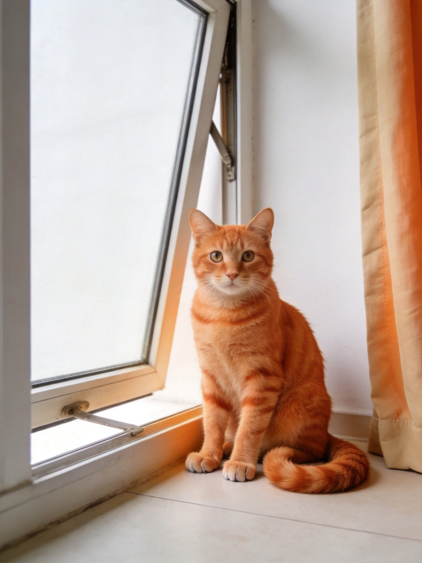 A bright orange tabby cat sits beside an open window near a beige curtain.