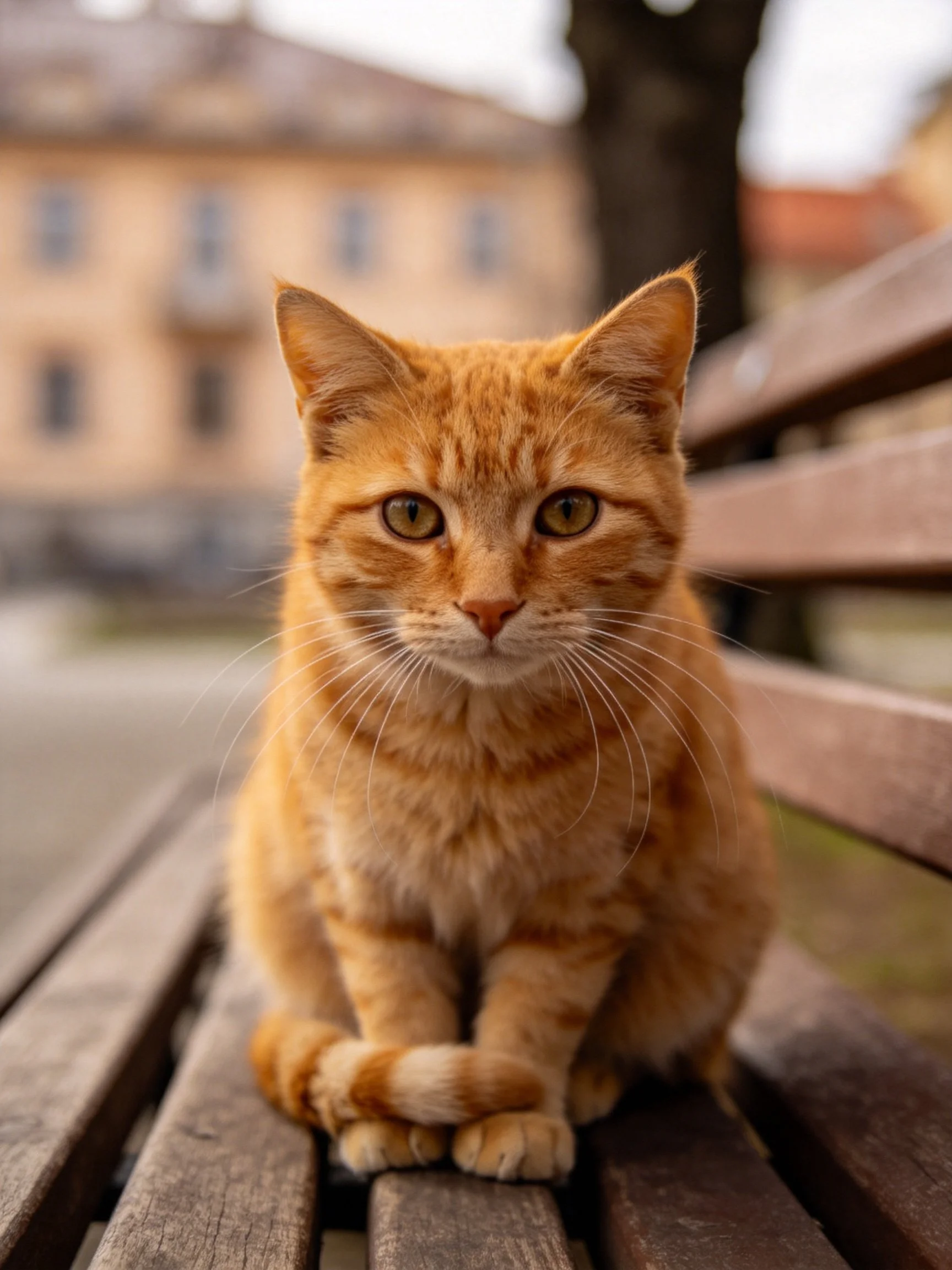 An orange tabby cat sits on a wooden bench in an outdoor environment.