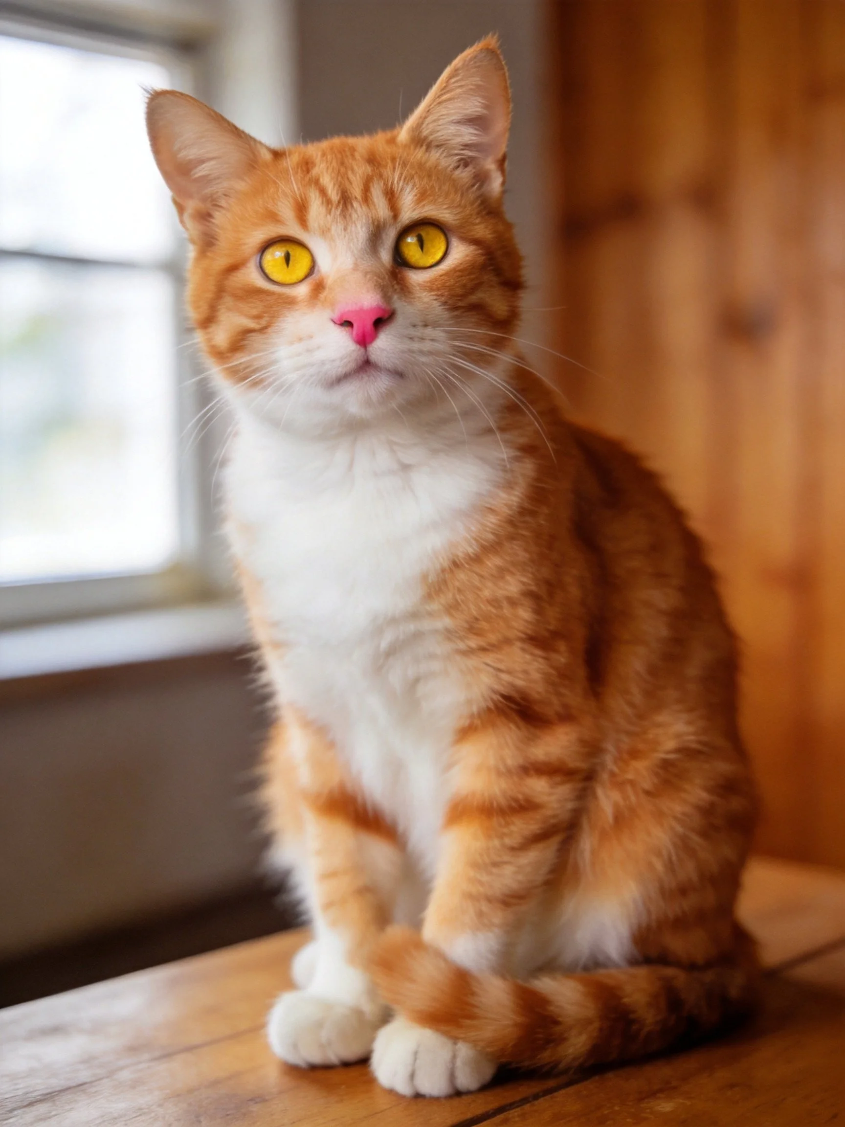 An orange tabby cat sits calmly on a wooden table near a window.
