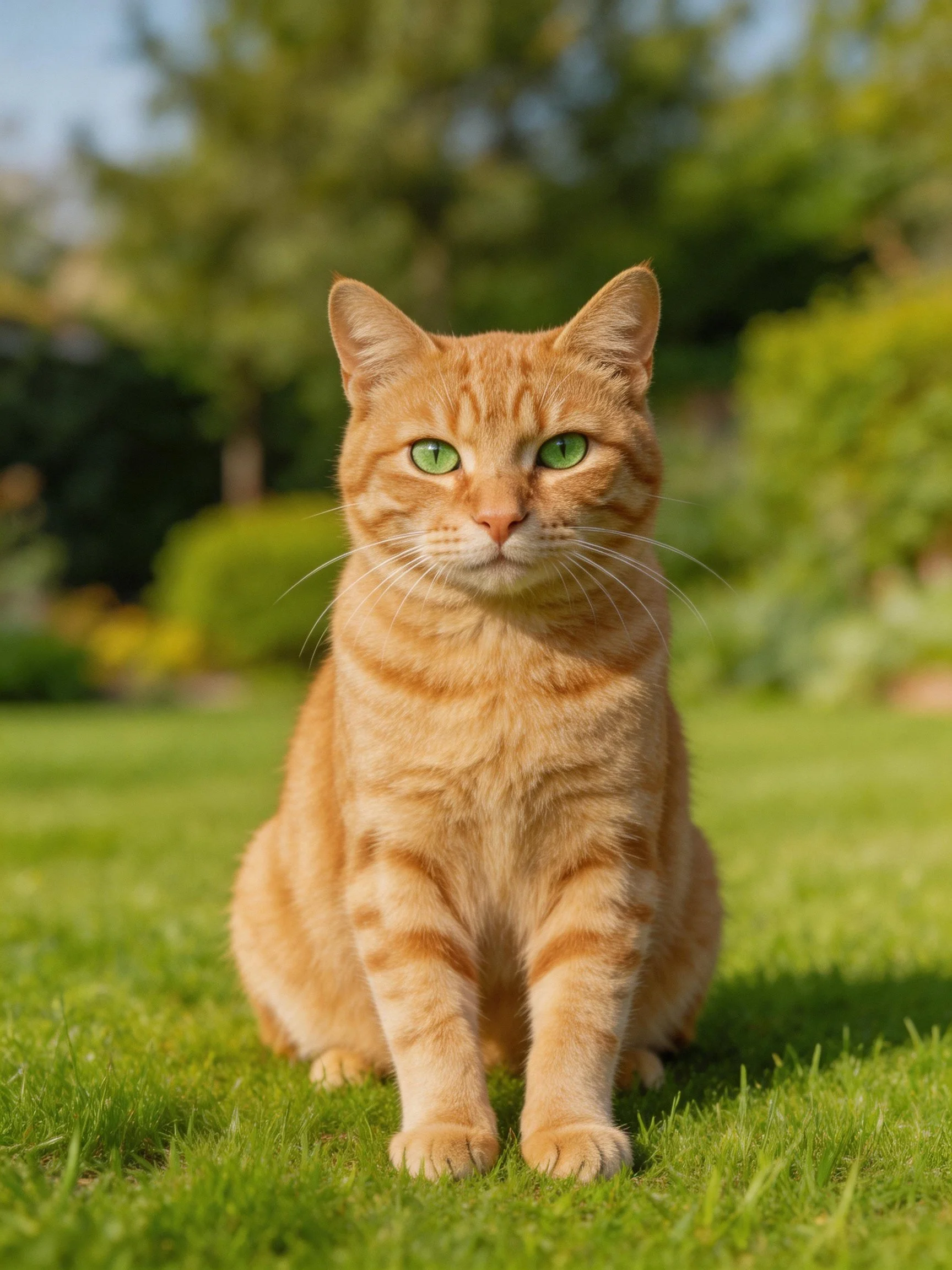 An orange tabby cat sits on green grass in a sunny outdoor setting.