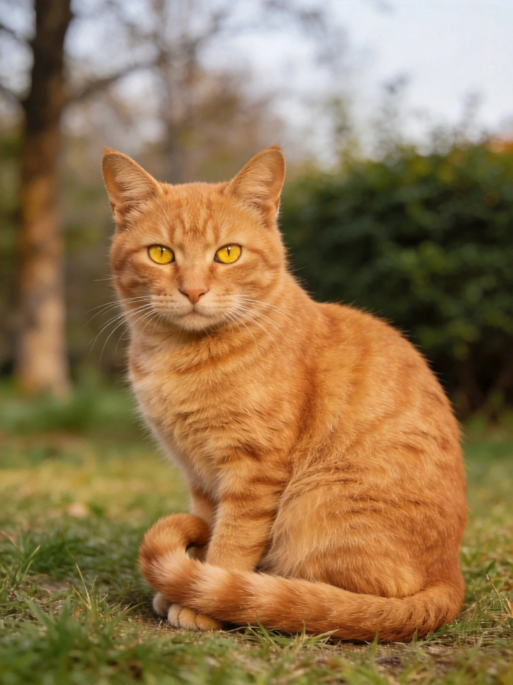 A bright orange tabby cat sitting on green grass outdoors
