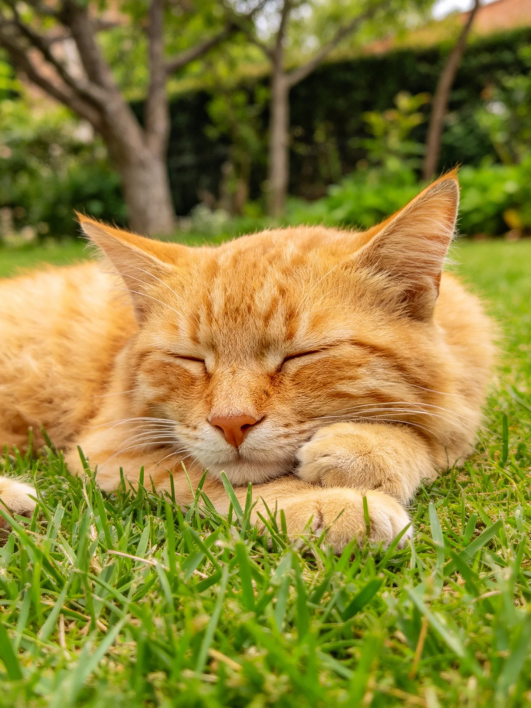 A bright orange tabby cat sleeps on green grass in a garden.