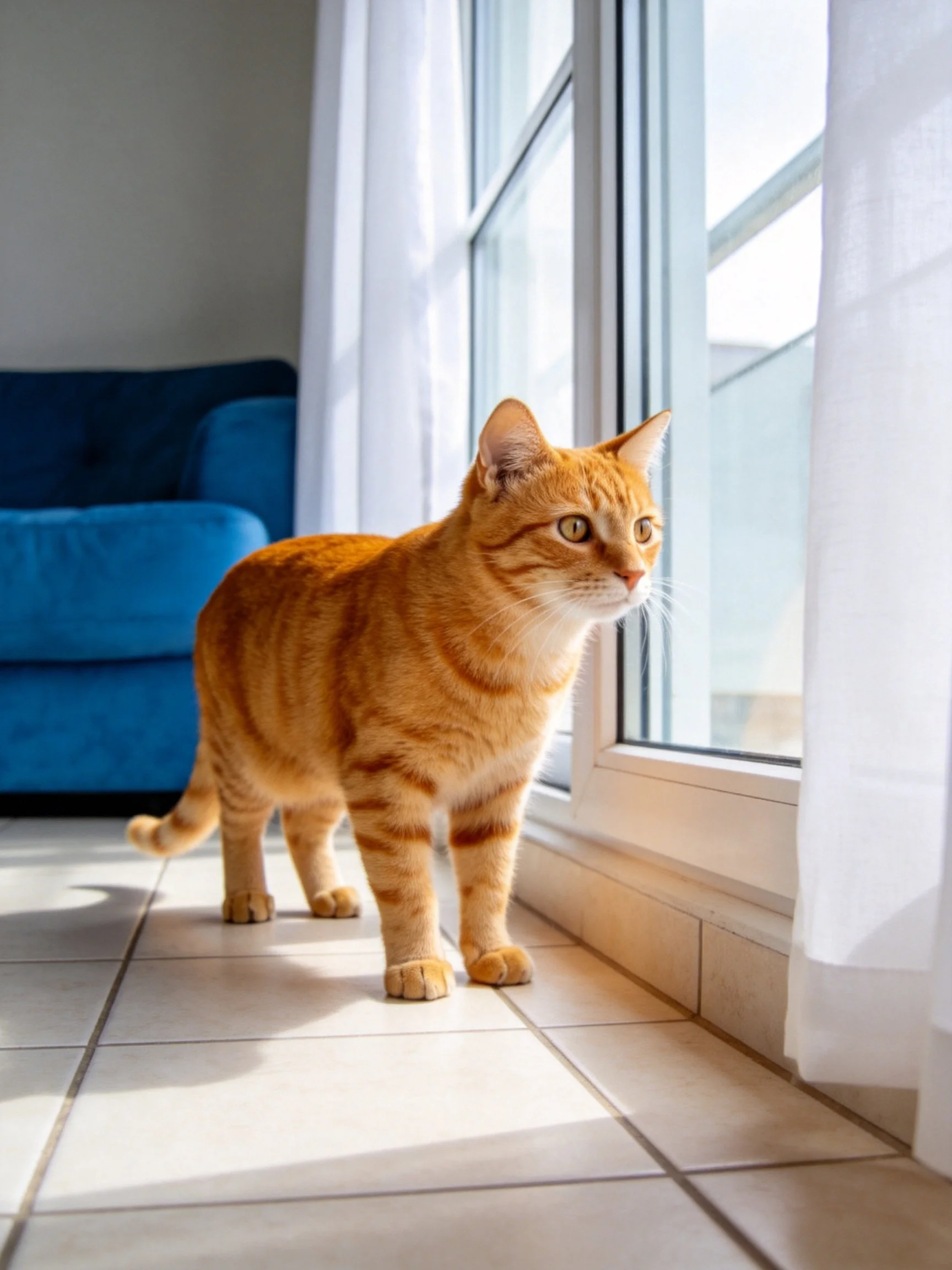 An orange tabby cat explores a sunlit room with a blue sofa