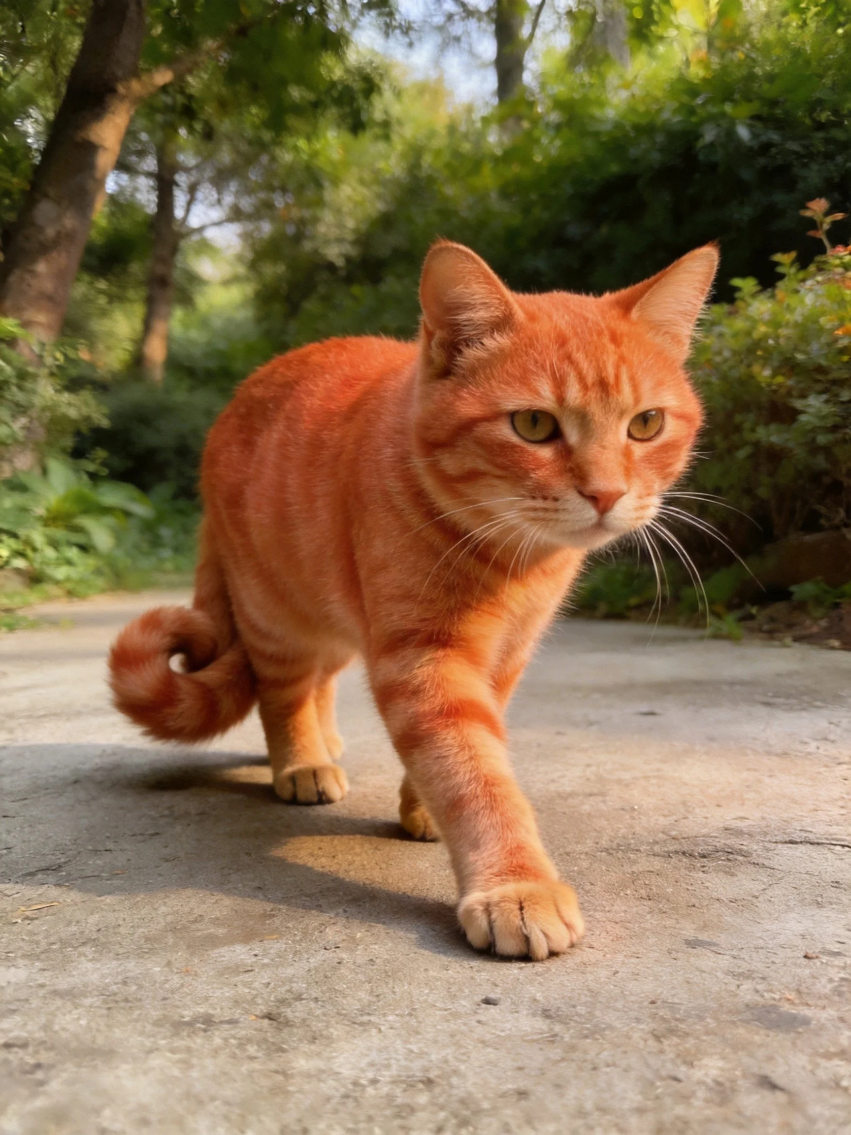 A bright orange tabby cat strides along a concrete path