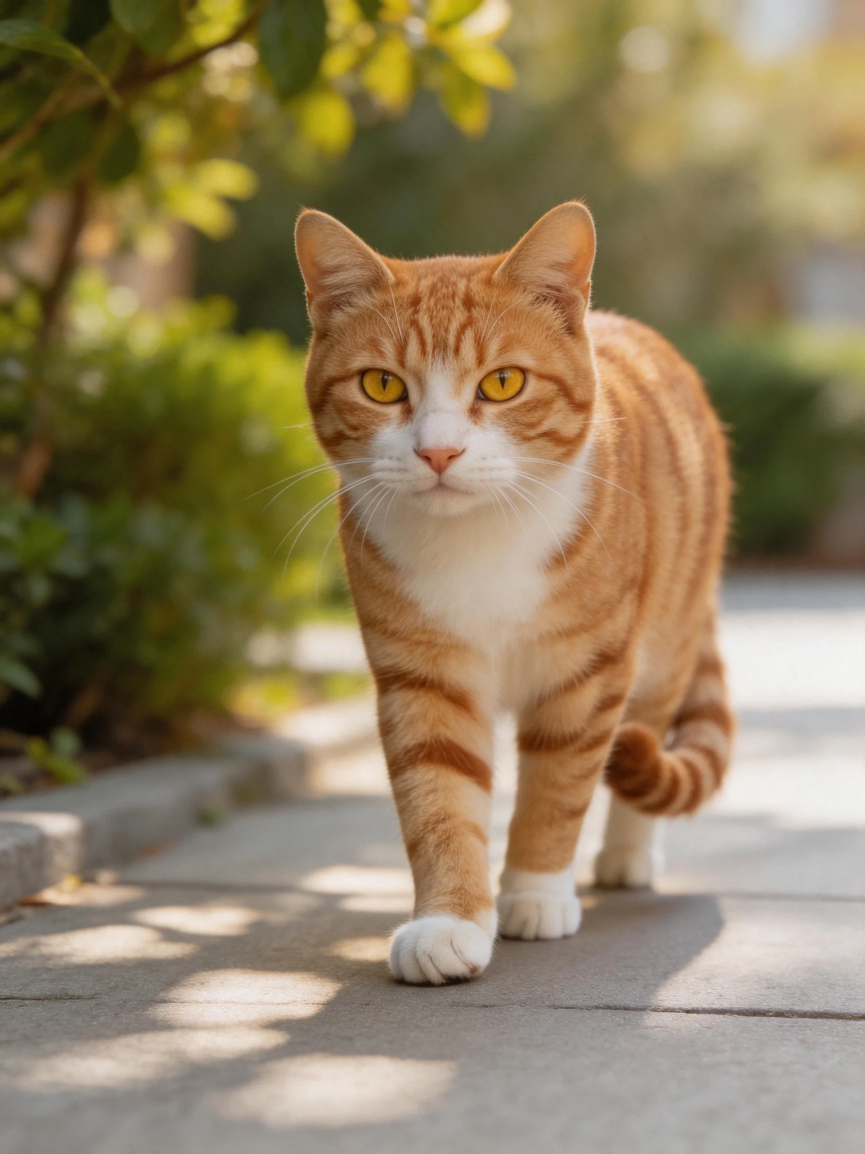 An orange tabby cat moves along a sunlit outdoor path surrounded by greenery.