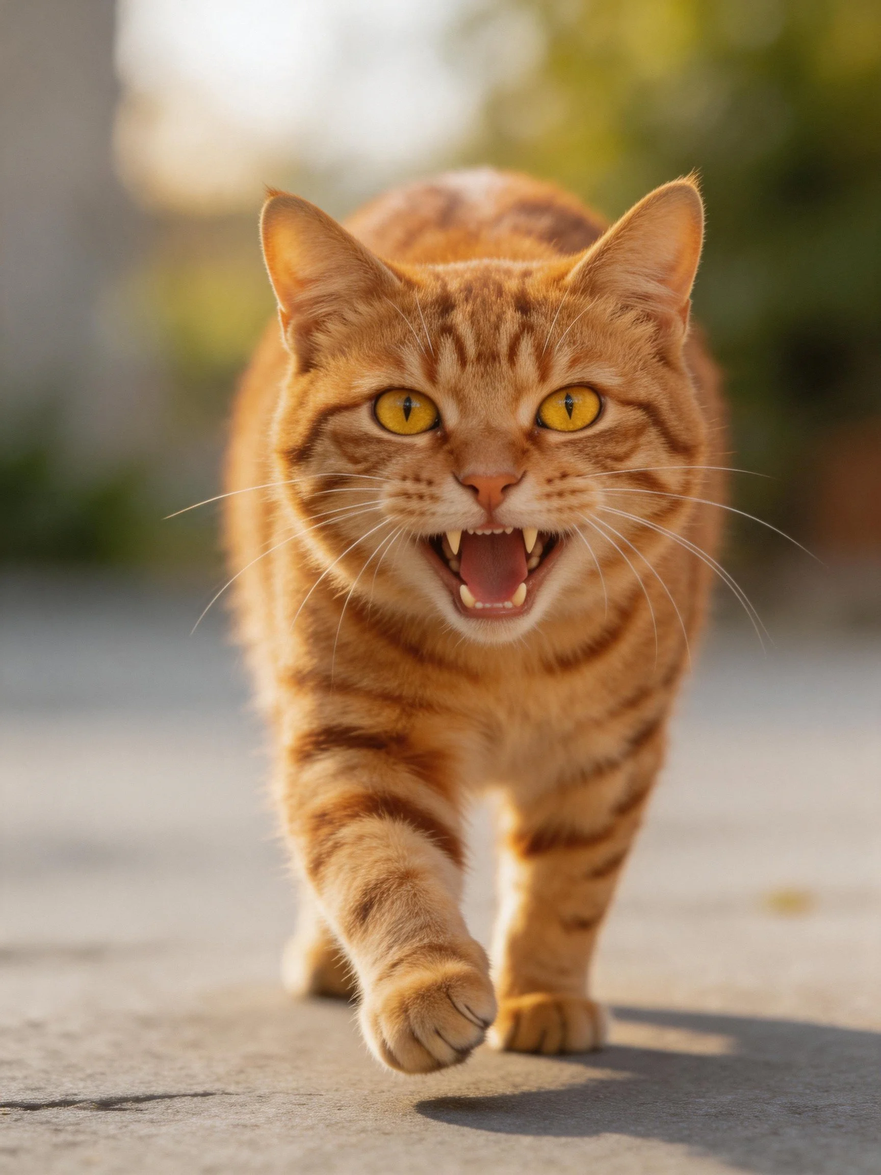 An orange tabby cat walks forward with mouth open in a sunlit area