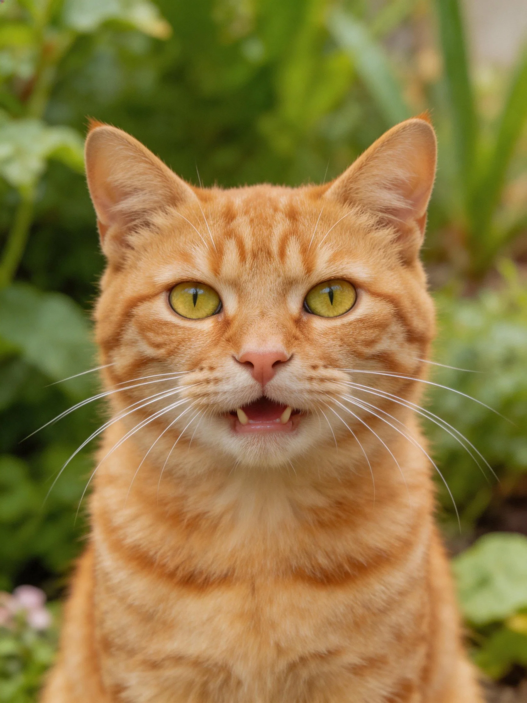 An orange tabby cat with green eyes is positioned near green foliage.