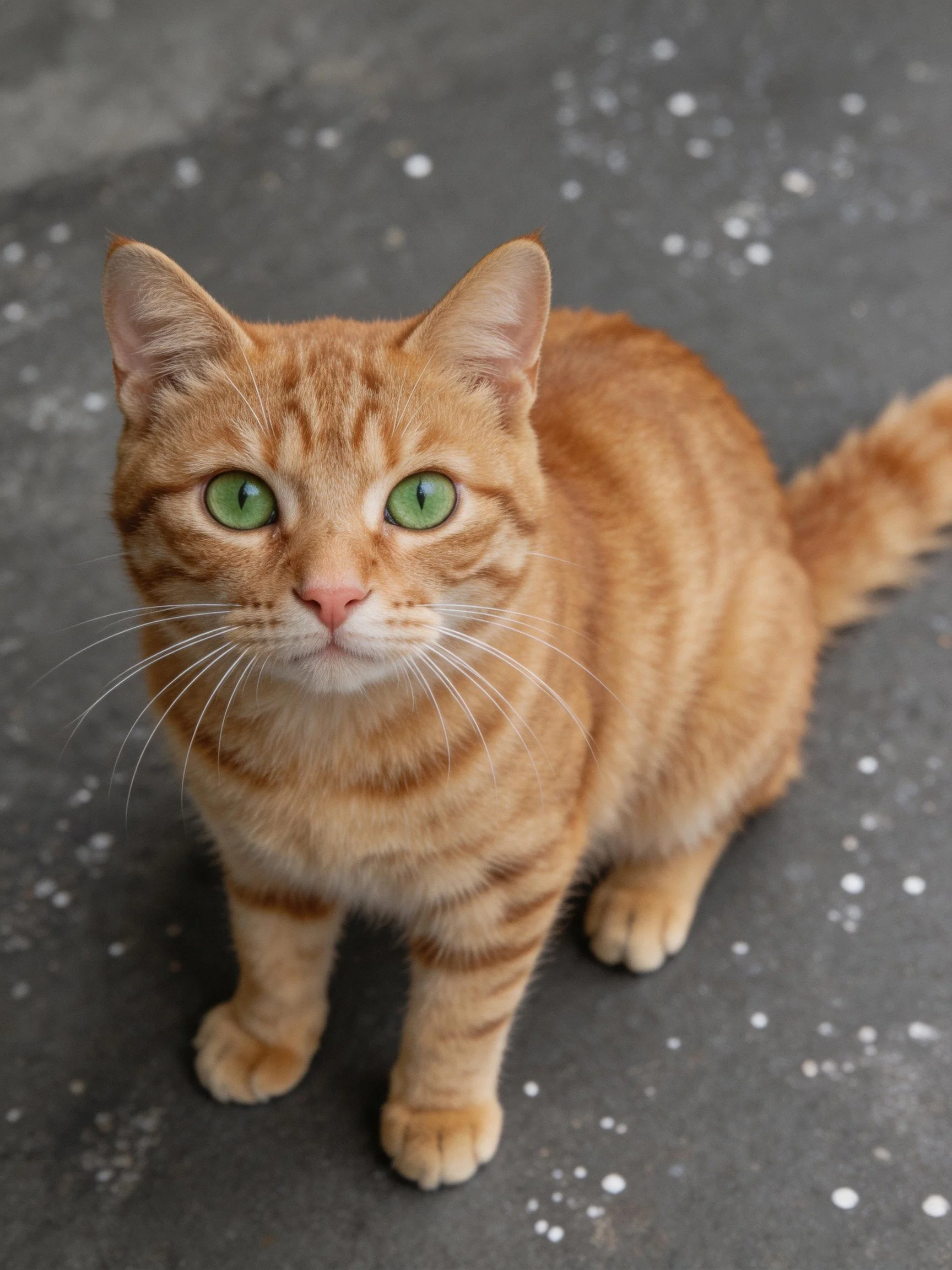 An orange tabby cat with green eyes rests on a speckled gray surface.