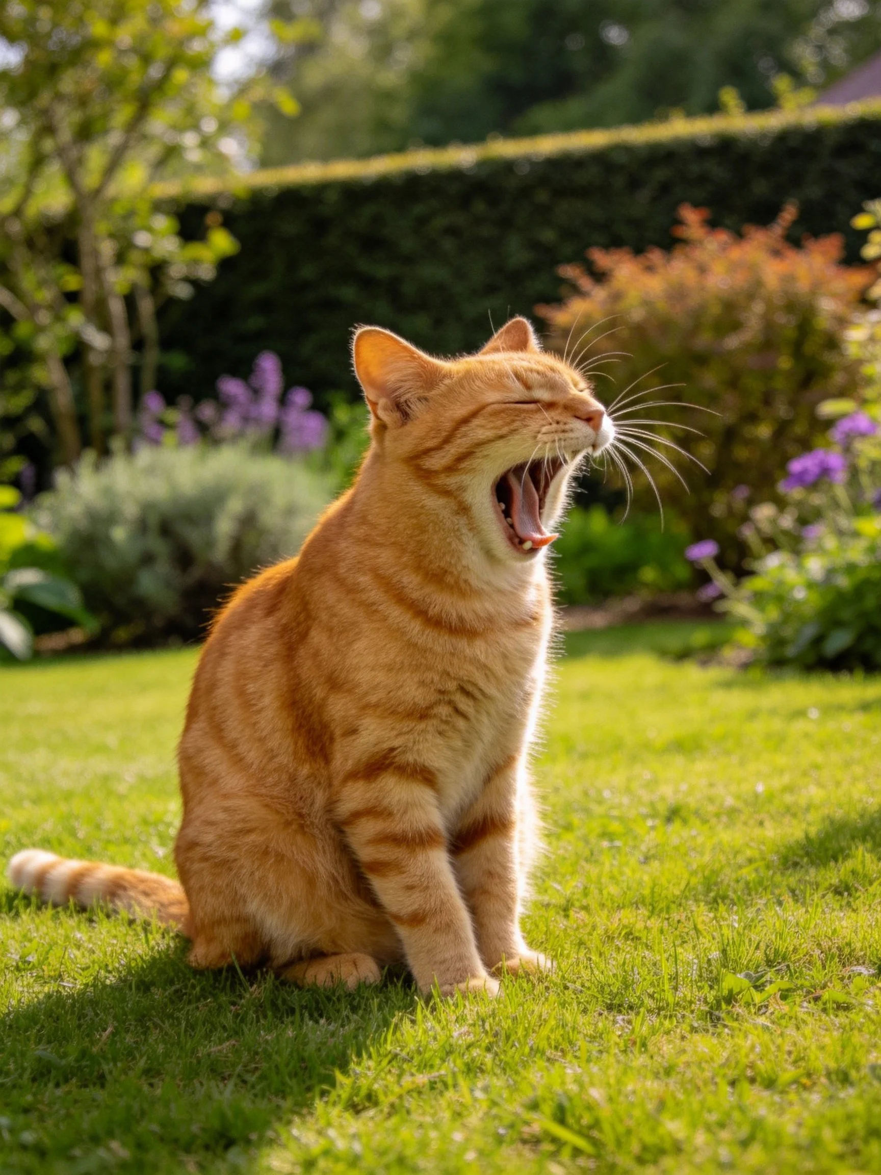 A bright orange tabby cat yawning on a sunlit lawn
