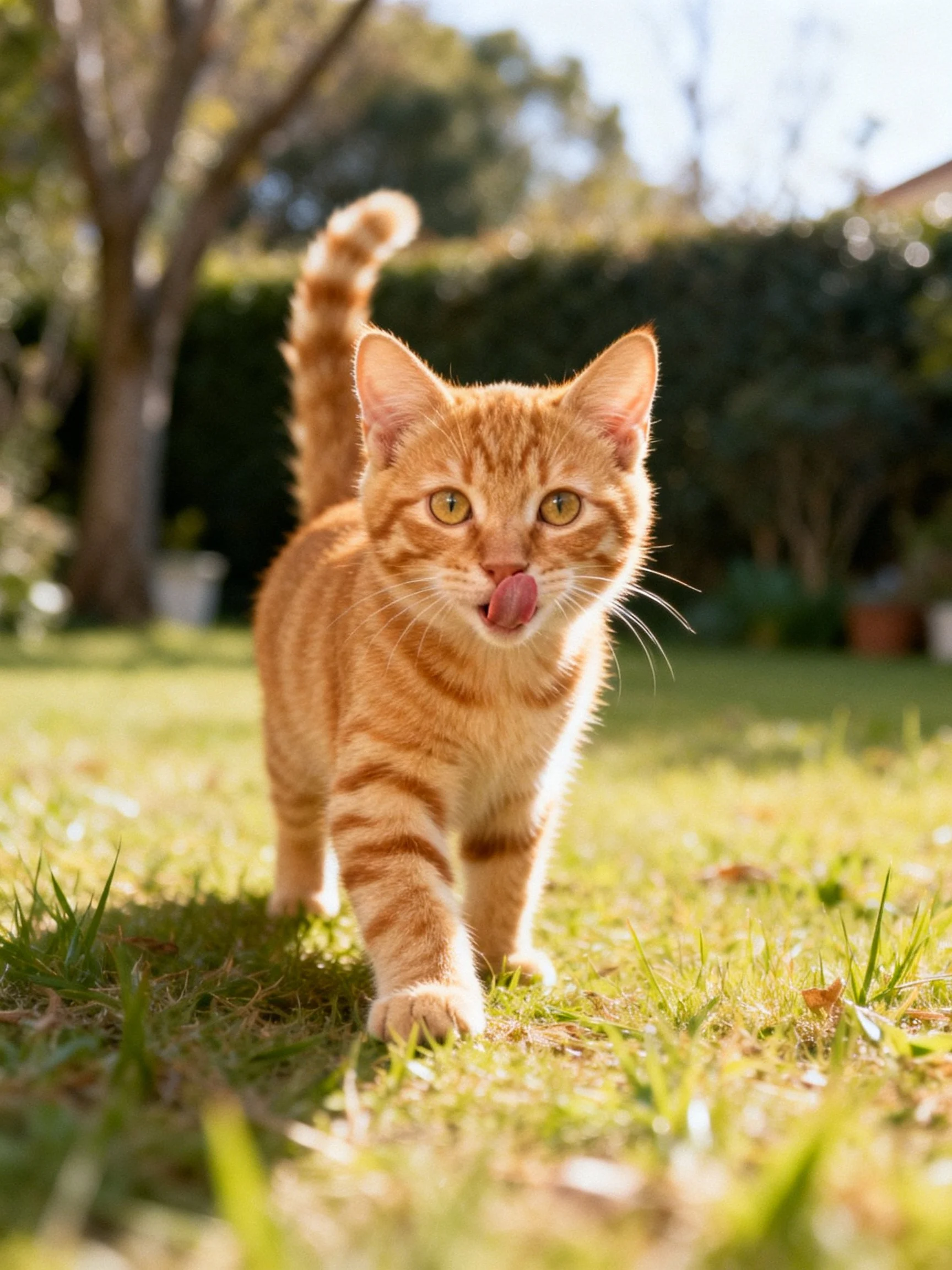 A bright orange tabby kitten explores sunlit green grass