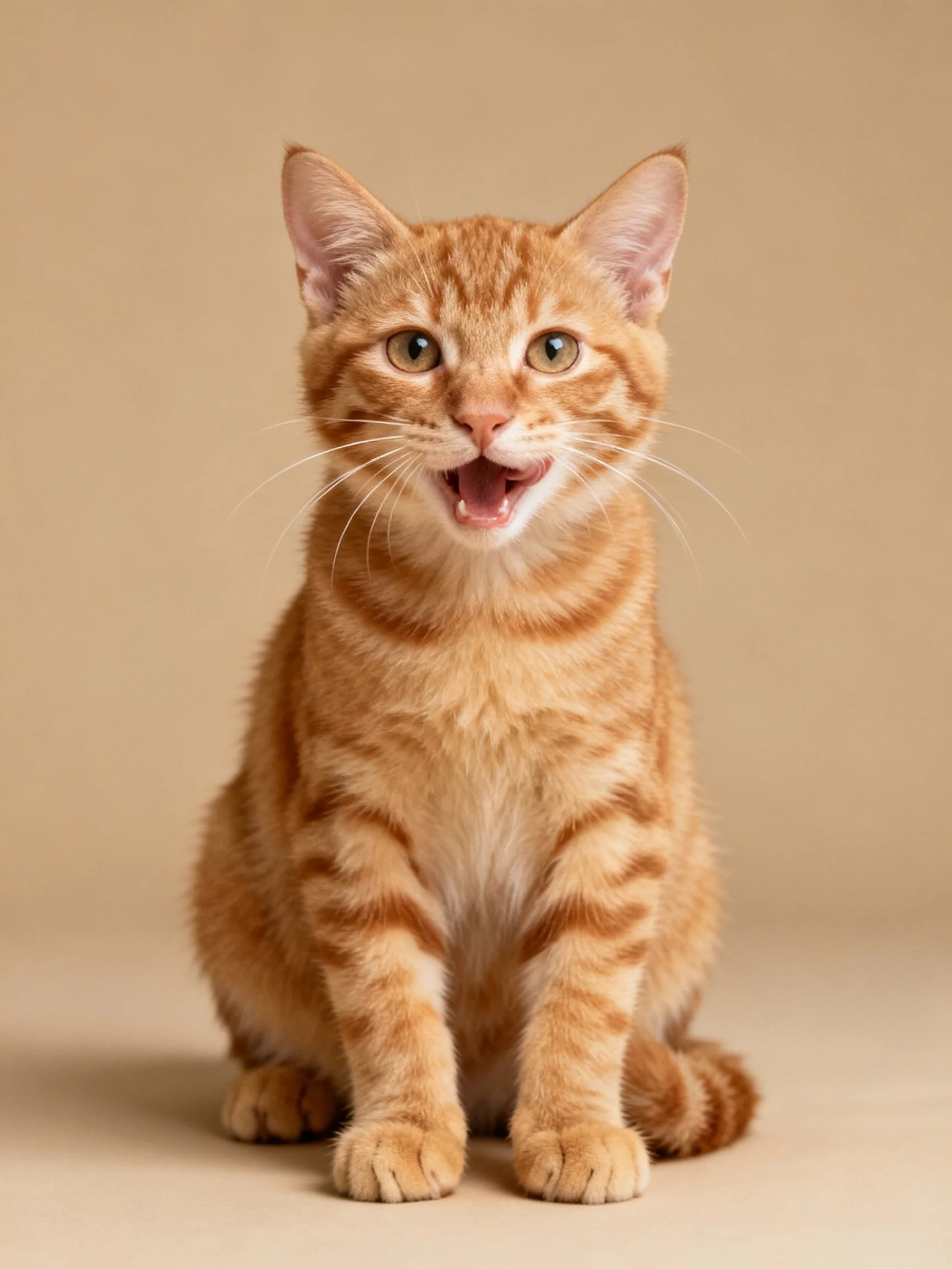 An orange tabby kitten sits with mouth open against a plain beige backdrop.