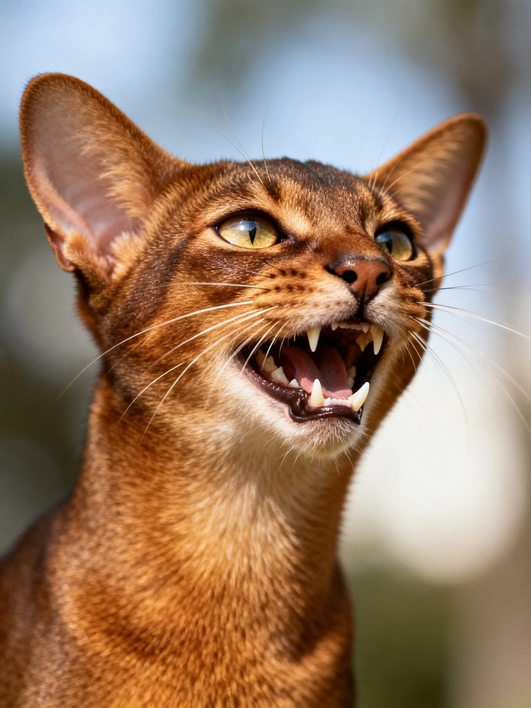 A brown Abyssinian cat opens its mouth to show sharp teeth.