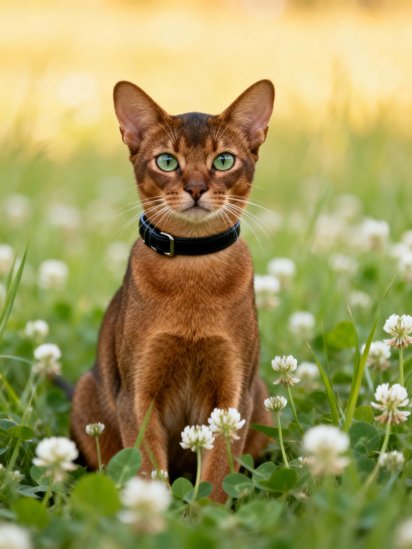 A brown Abyssinian cat with green eyes sits in a sunlit field of clover