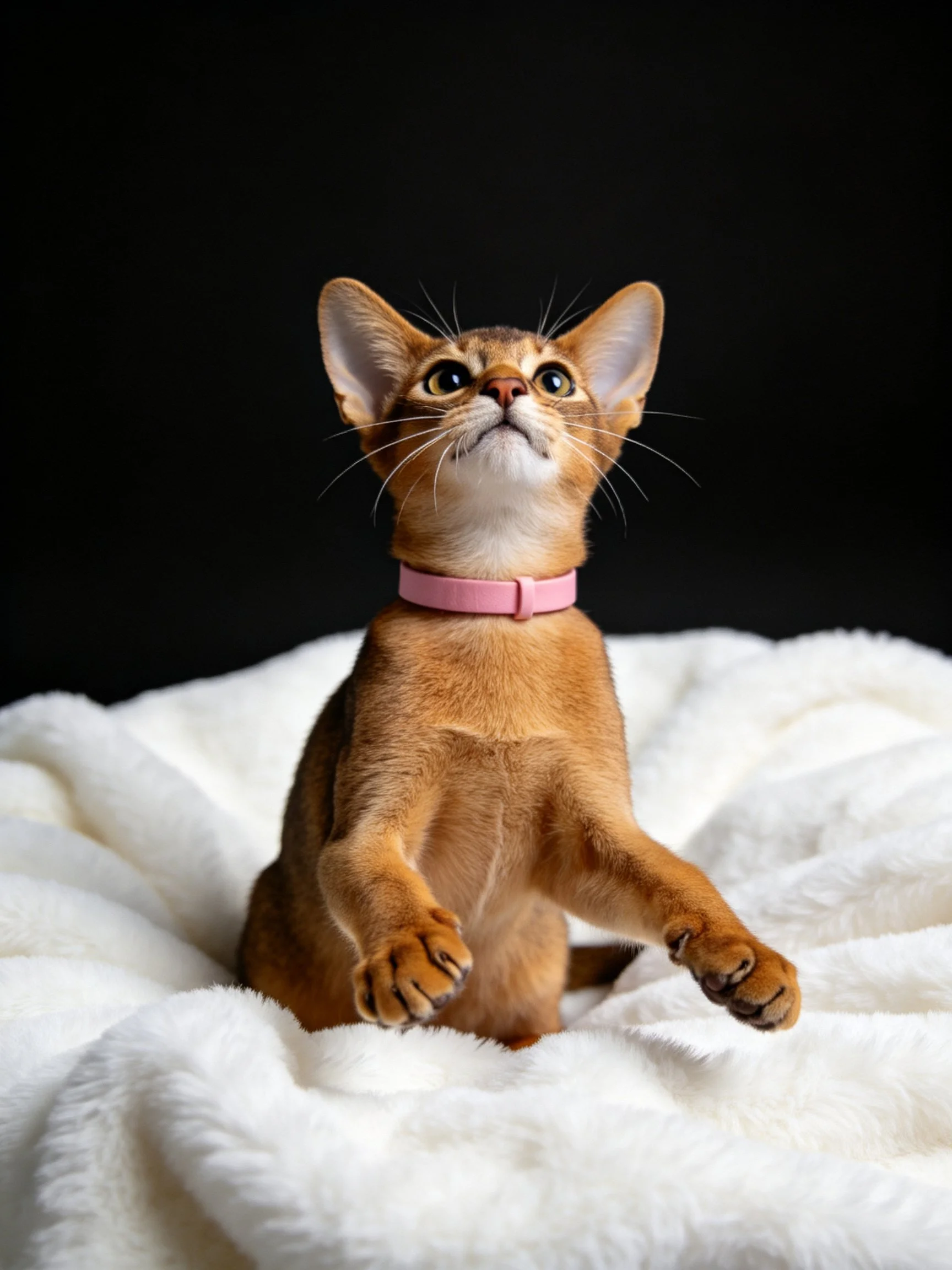 A brown Abyssinian kitten with a pink collar sits on a white blanket against a black backdrop