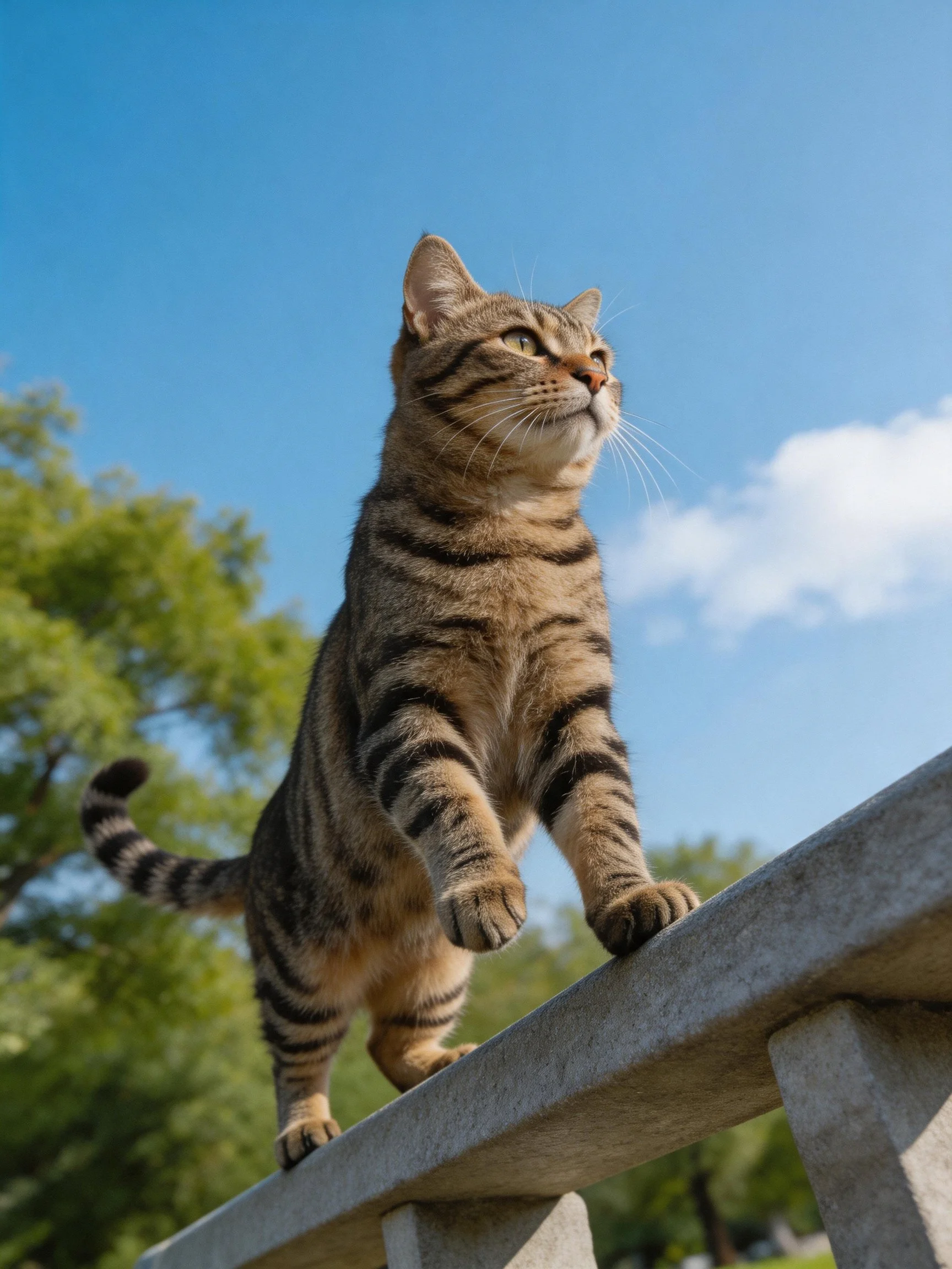 A tabby cat stands on a concrete ledge amid greenery and blue sky.