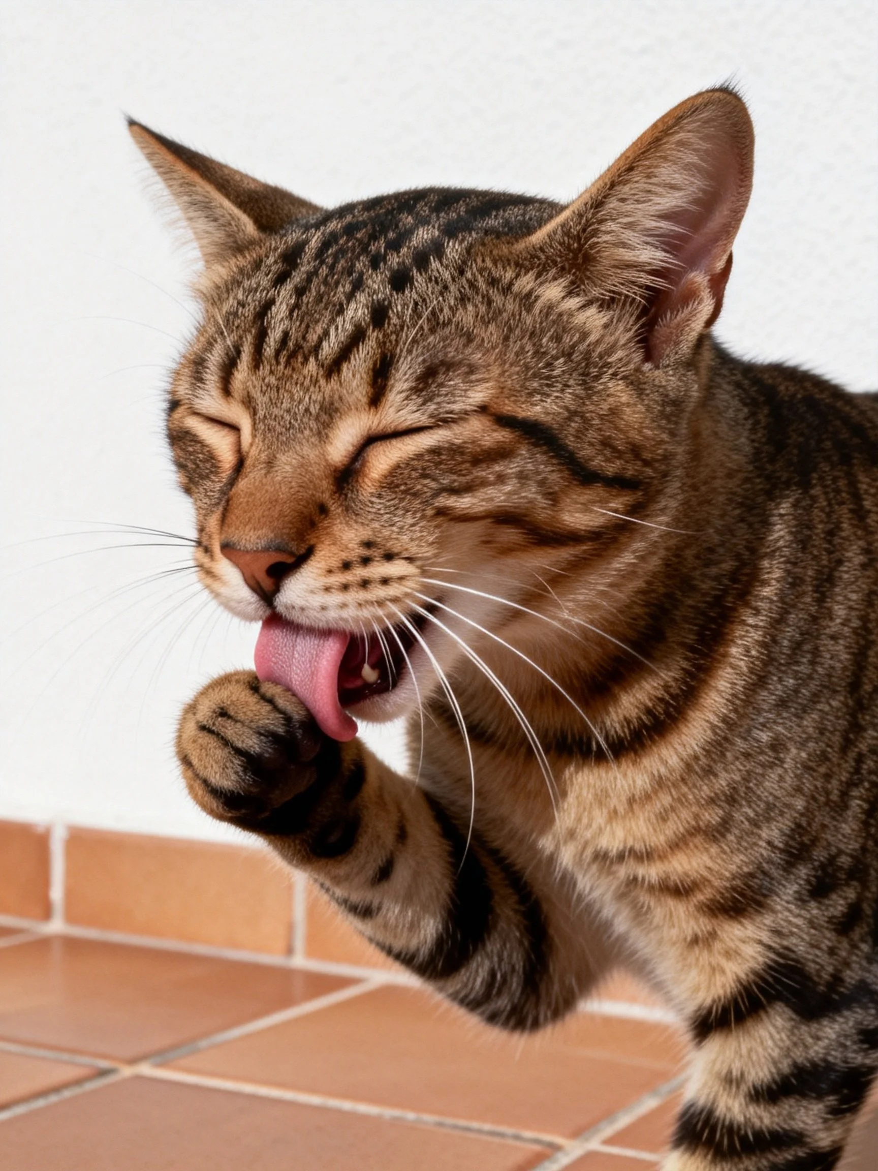 A tabby cat grooms its paw while keeping its eyes shut.