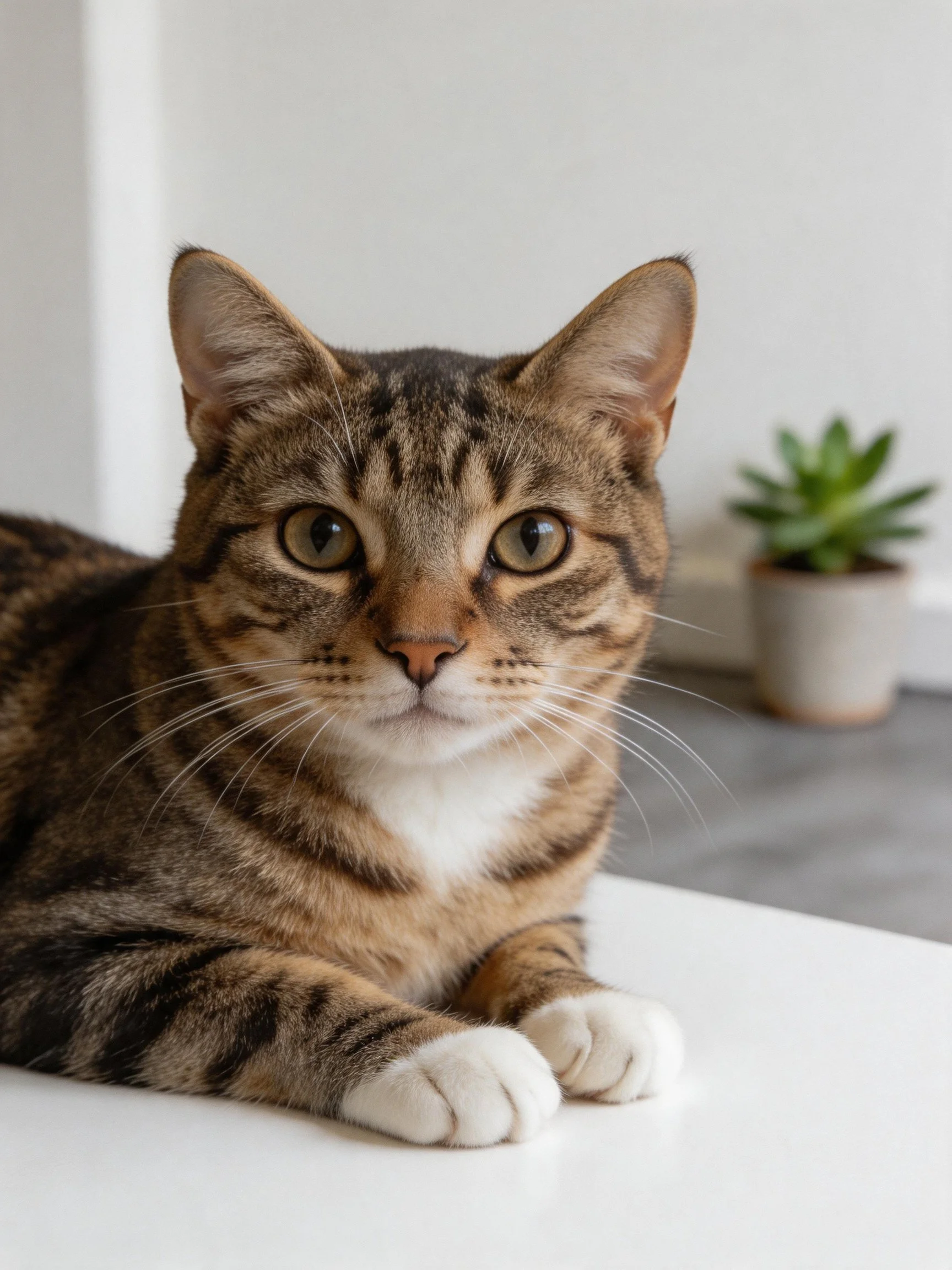 A brown and black striped cat rests near a potted succulent indoors